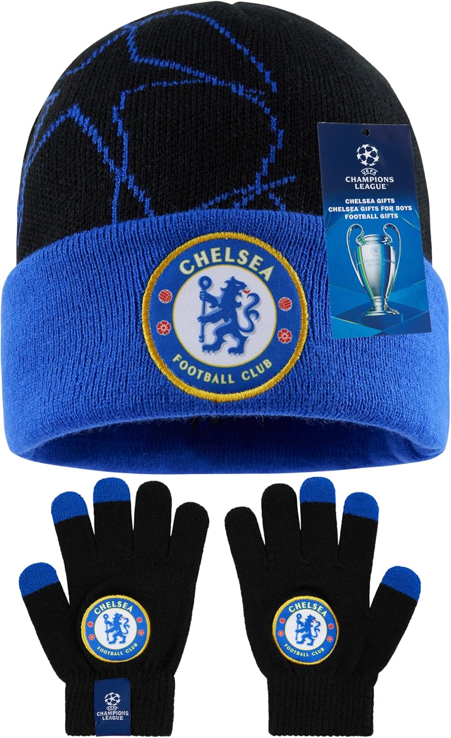 Chelsea FC Beanie and Gloves Set Gifts for Boys, Kids Knit Hat & Winter Gloves for Soccer Fans Ages 6-14 Warm Accessories