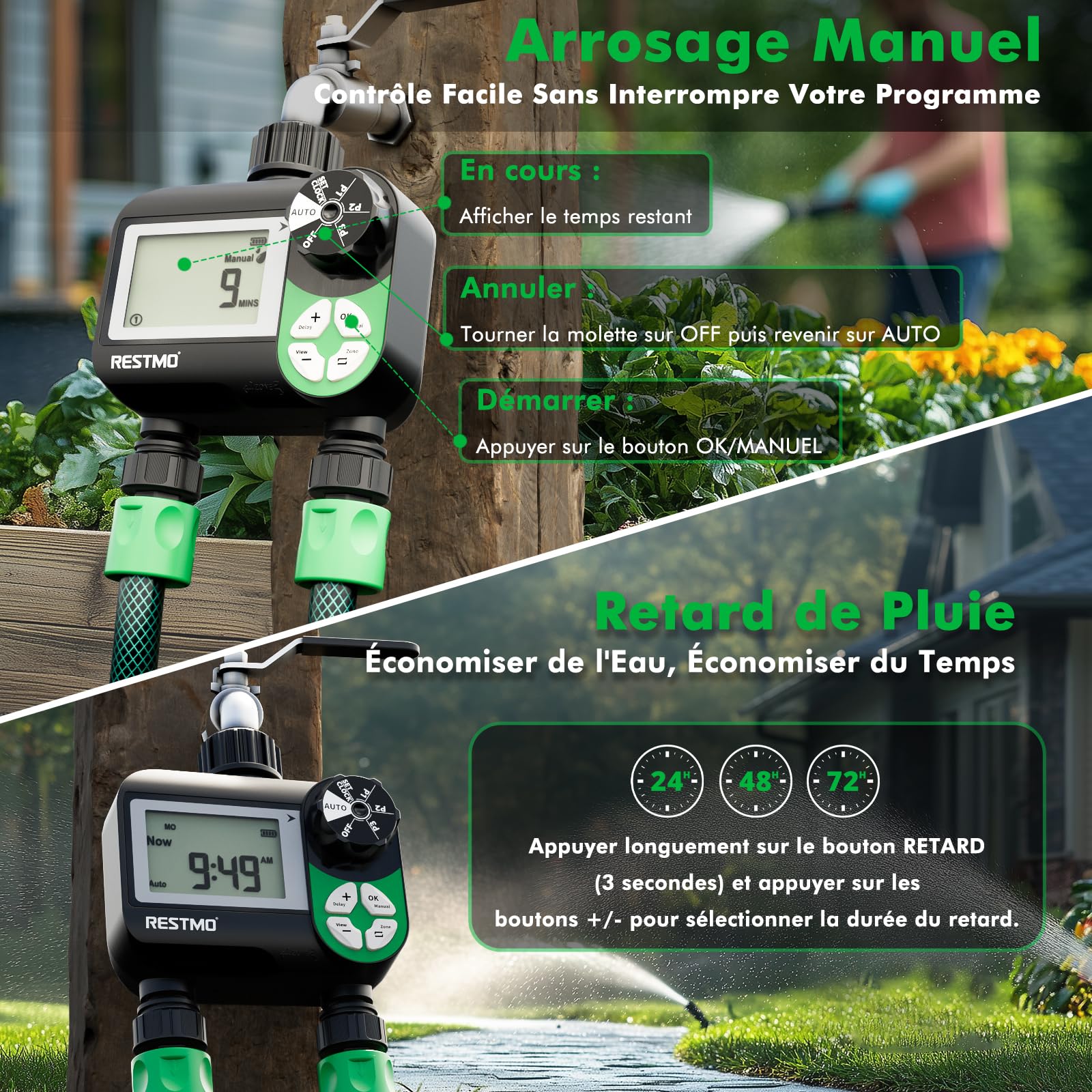 Restmo Programmateur arrosage Minuteur d'arrosage programmable sur 7 Jours | 3 programmes séparés, contrôle automatique/manuel/retard de pluie pour irrigation goutte à goutte 2 zones