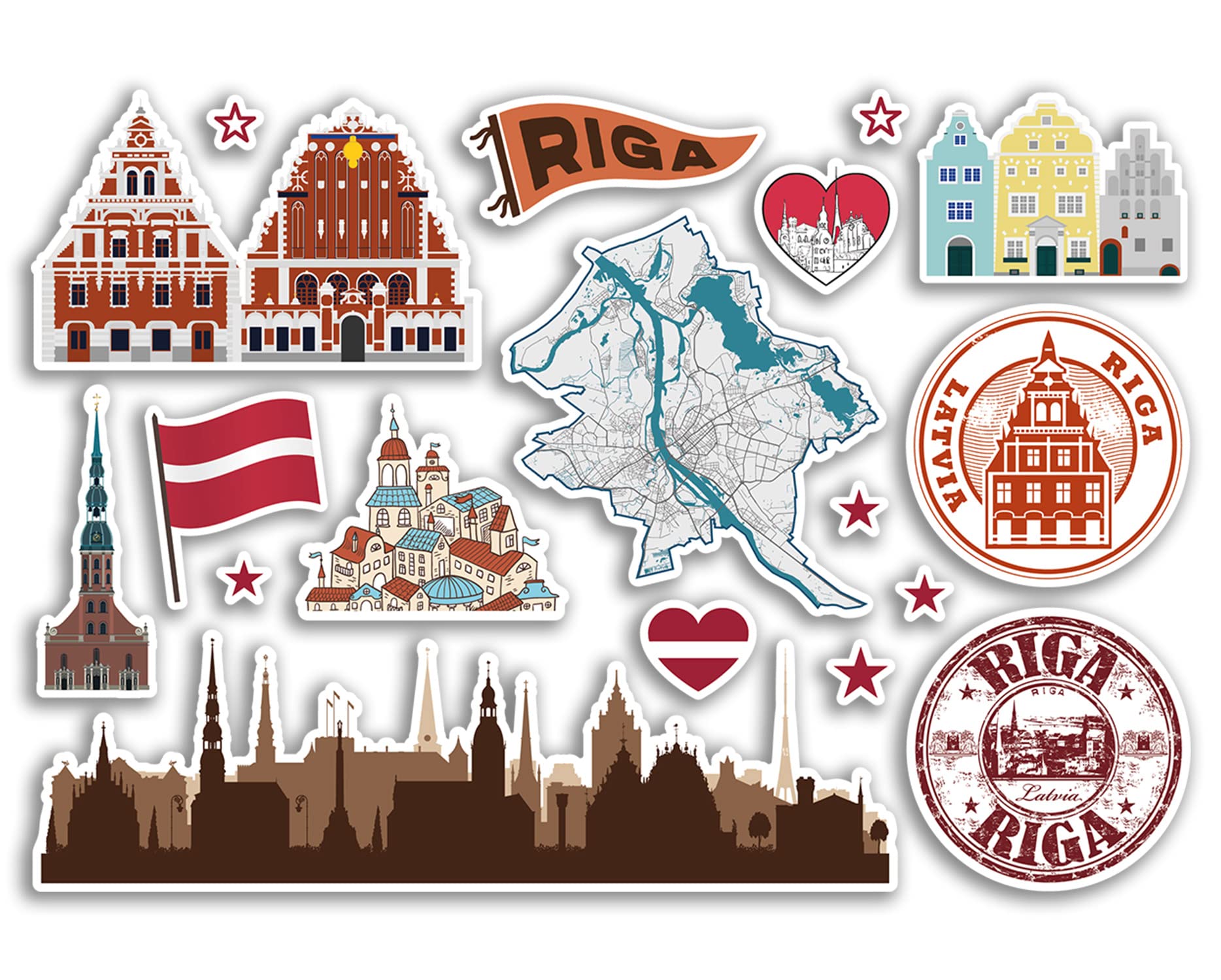 Dv Design Multi A5 Sticker Sheet Riga Landmarks Vinyl Stickers - Latvia Airport Stamps Skyline Flag Map Travel Holiday Scrapbooking City Luggage #79144