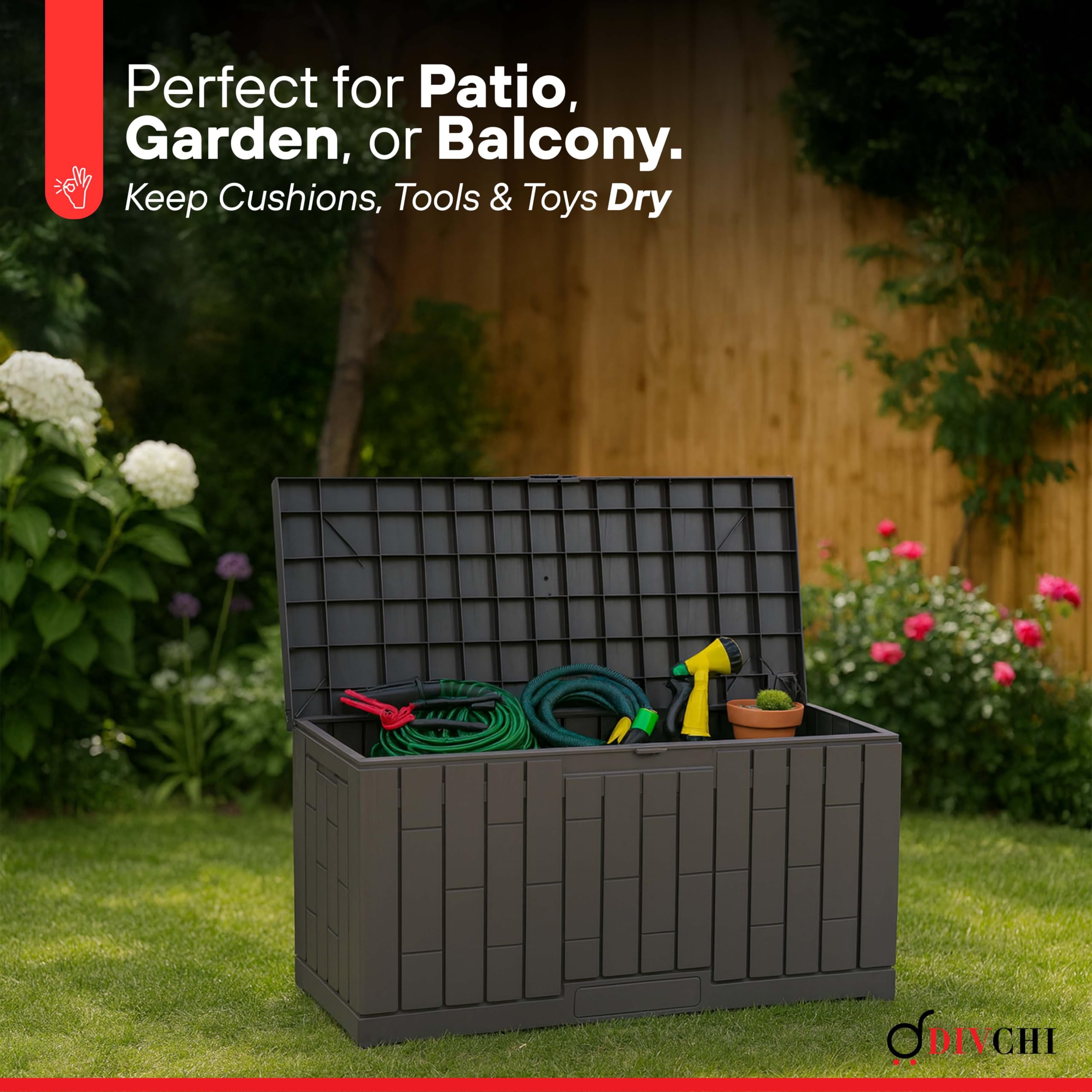 DIVCHI Boîte de Rangement extérieure étanche pour Outils de Jardin, Coussins de terrasse, Jouets, bûches, Charbon et Accessoires de Piscine, verrouillable, pour Fournitures et Essentiels (288 litres)