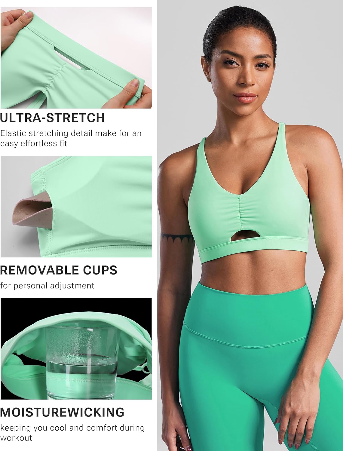 Y Back Sports Bra Padded Racerback Adjustable Straps Ruched V-Neck Low Impact Workout Yoga Top - Image 3