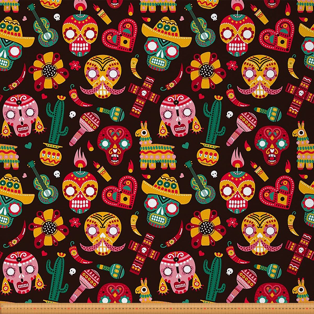 Mexican Floral Sugar Skull Fabric for Chairs,Pesonalized Skeleton Bones Fabric by The Yard,Cactus Guitar Fabric for and Home DIY Projects,1 Yard,(L92*W150cm)