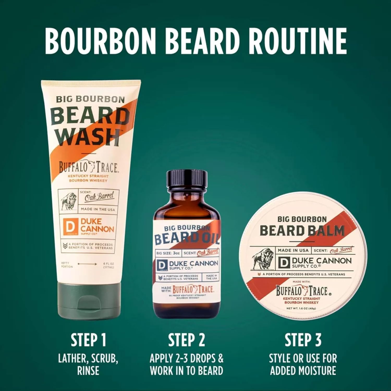 Duke Cannon Big Bourbon Beard Wash, 6oz - Hydrating Beard Cleanser with Hops Extract, Soybean Oil & Barley Protein - Woodsy Oak Barrel Scent, SLS & Paraben-Free (3 Pack)