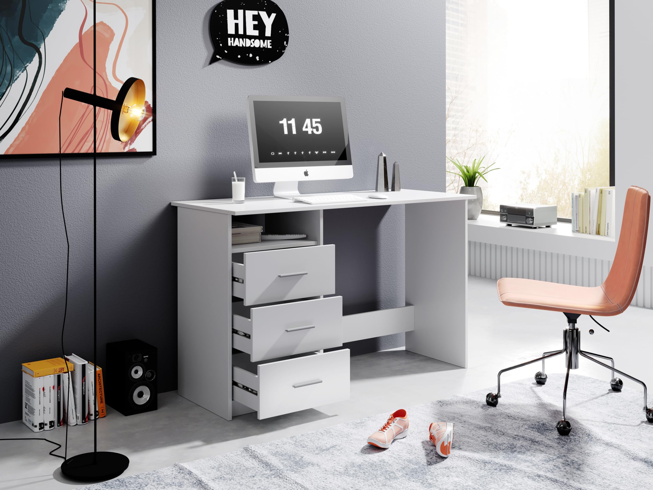 Scrivania con Cassetti 120 cm Bianca 123x50x77 cm | 3 cassetti integrati, ampio piano di lavoro, design moderno, per ufficio, studio e cameretta