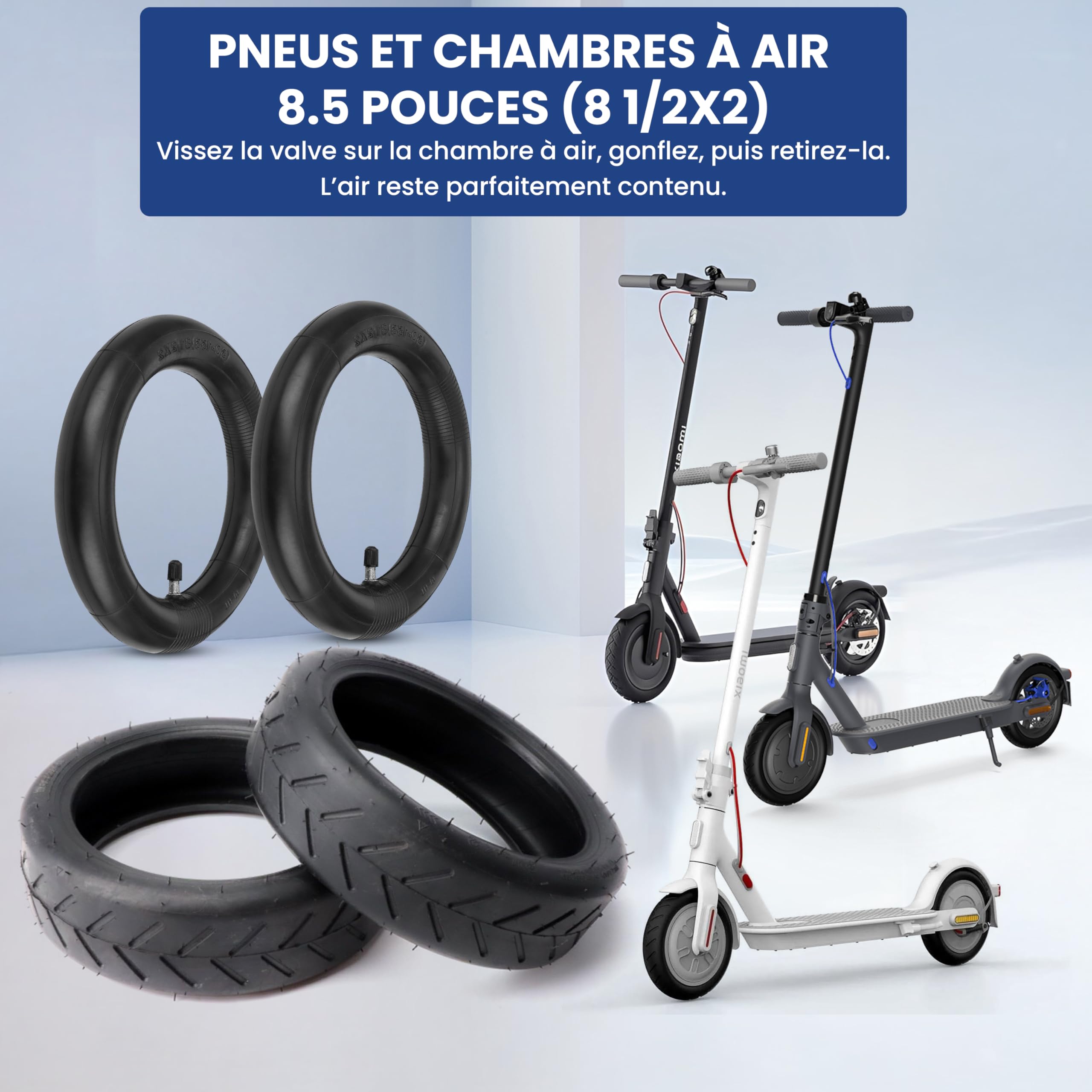 ANSENI Pneu et Chambre à air 8.5 Pouces, Roue 50/75-6.1, Pneu 8 1/2X2 Pour Trottinette Electrique Xiaomi M365/Pro/Pro2/1S/Essential Et Wispeed T855/T850 (2 Pneu+ 2 Chambre à air)