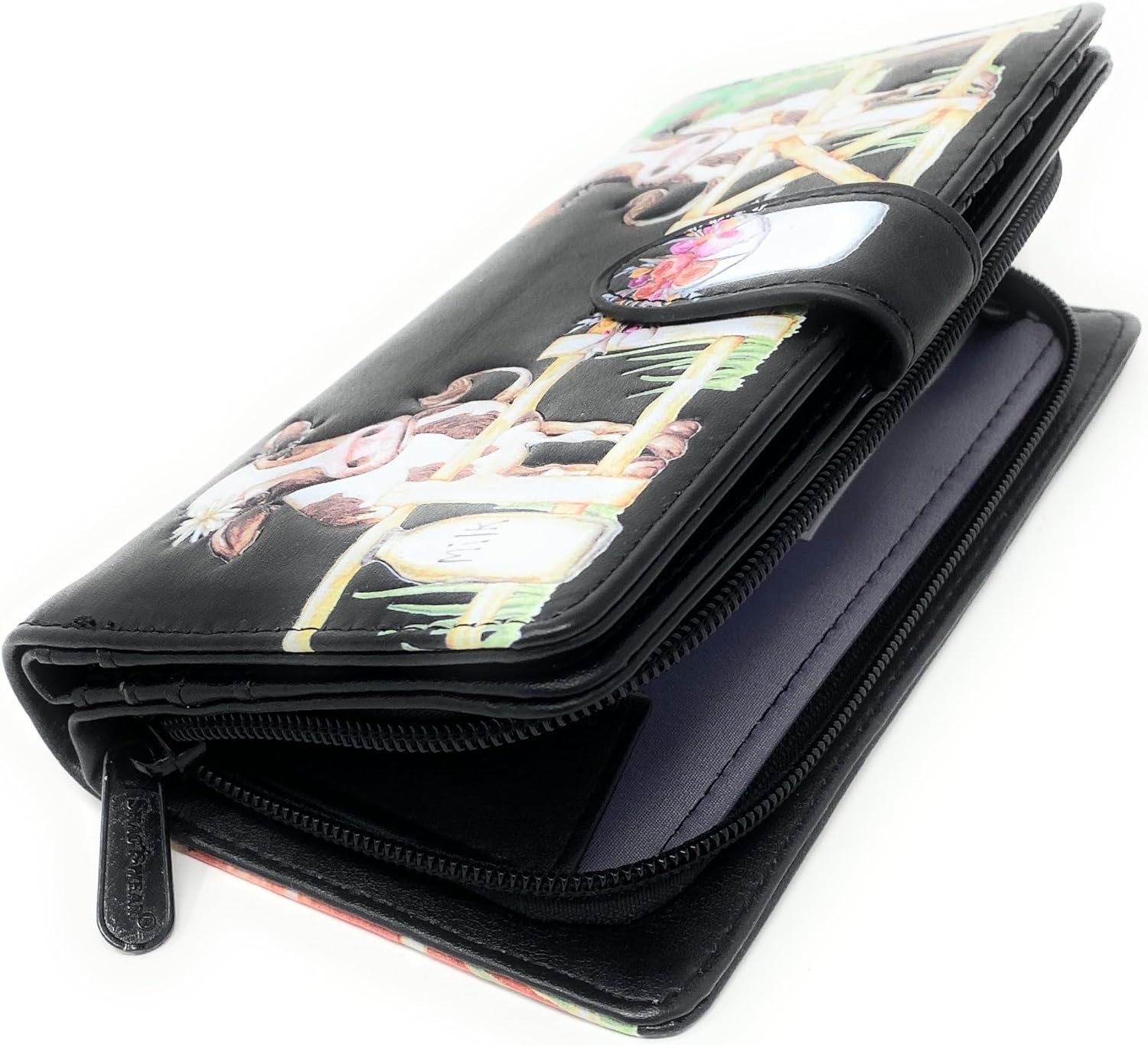 Shag Wear Barnyard Cow Large Wallet for Women, Black Vegan Faux Leather Farm Cow Design Clutch with Card Slots, Bill Compartments, ID Window, Magnetic Snap, Zippered Coin Pocket 7"