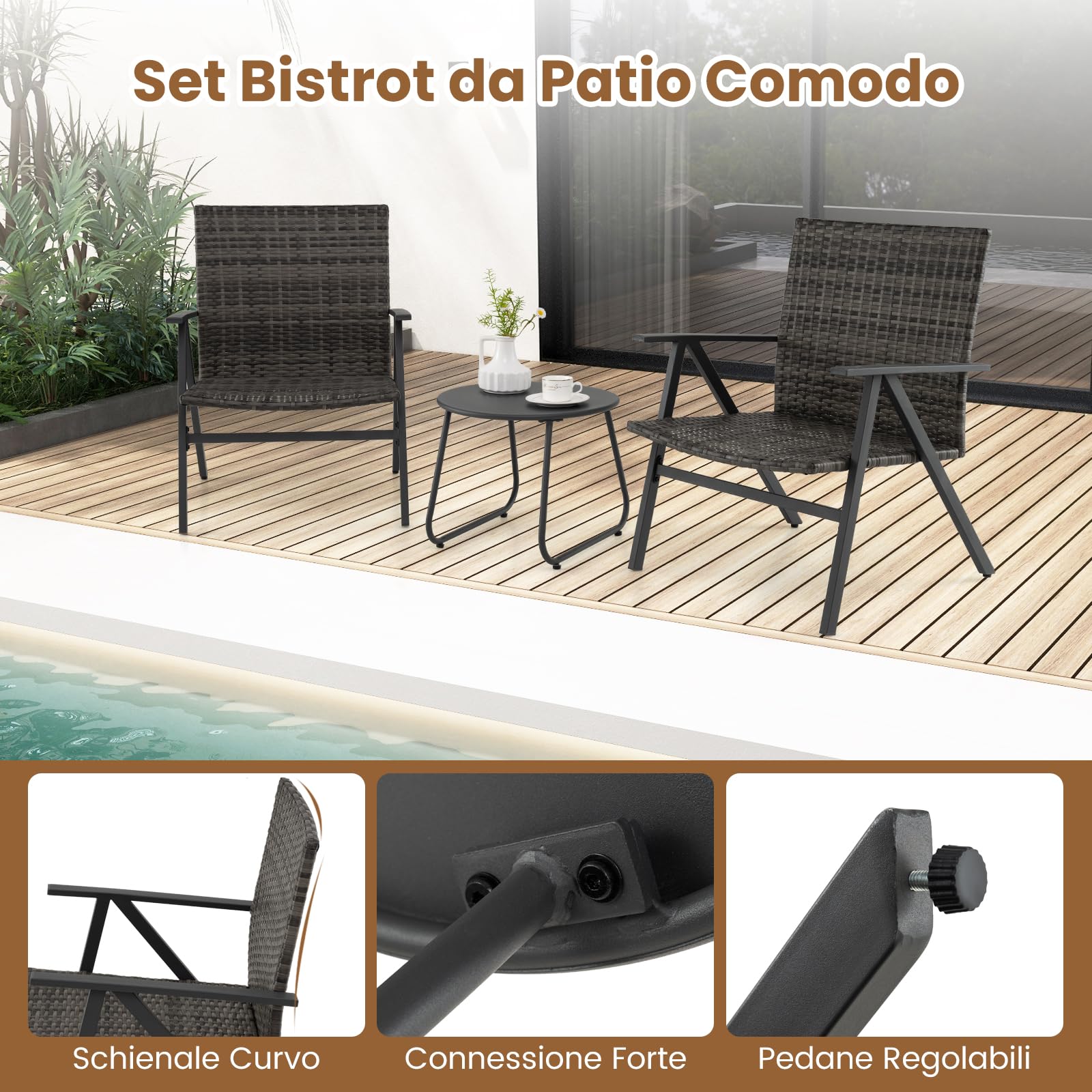 COSTWAY Set Tavolino e 2 Sedie da Giardino con Braccioli in Metallo | Salottino da Giardino Esterno con Schienale e Seduta in Rattan per Balcone, Veranda e Bordo Piscina