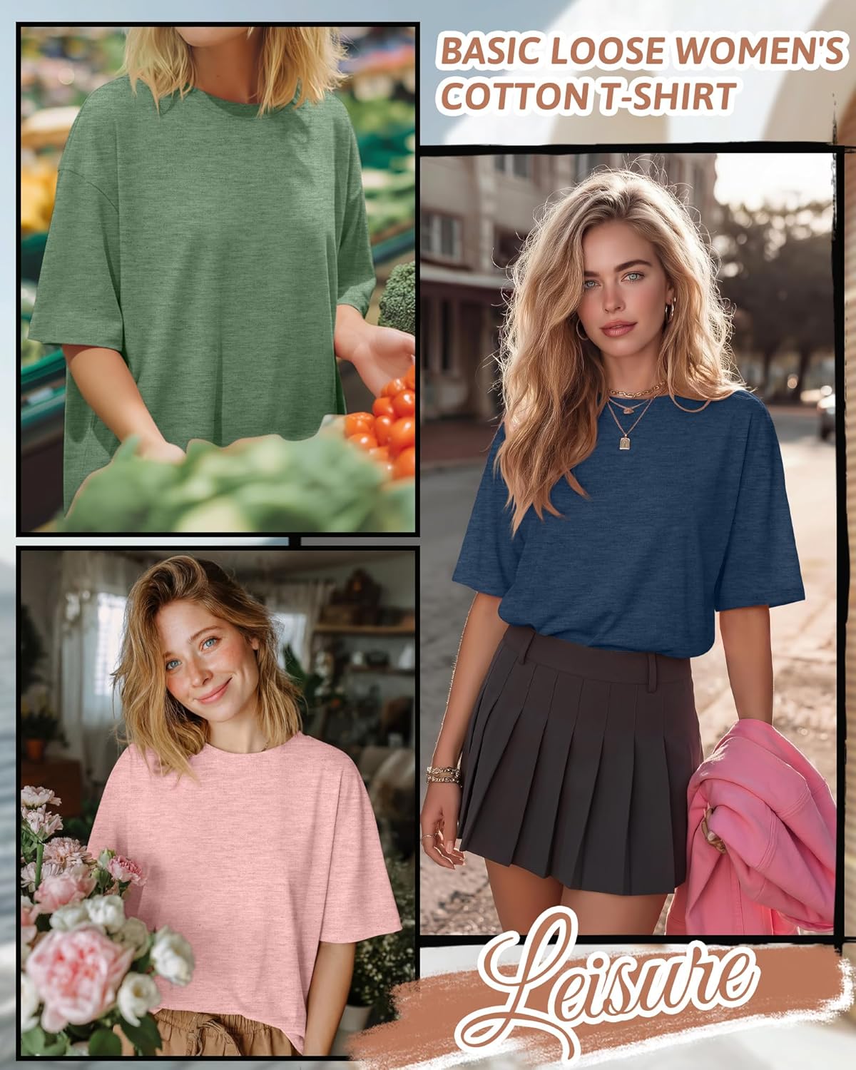 4 Pack Women's Oversized T Shirts 90% Cotton Crewneck Workout Short Sleeve Tops Baggy Loose Summer Basic Tee