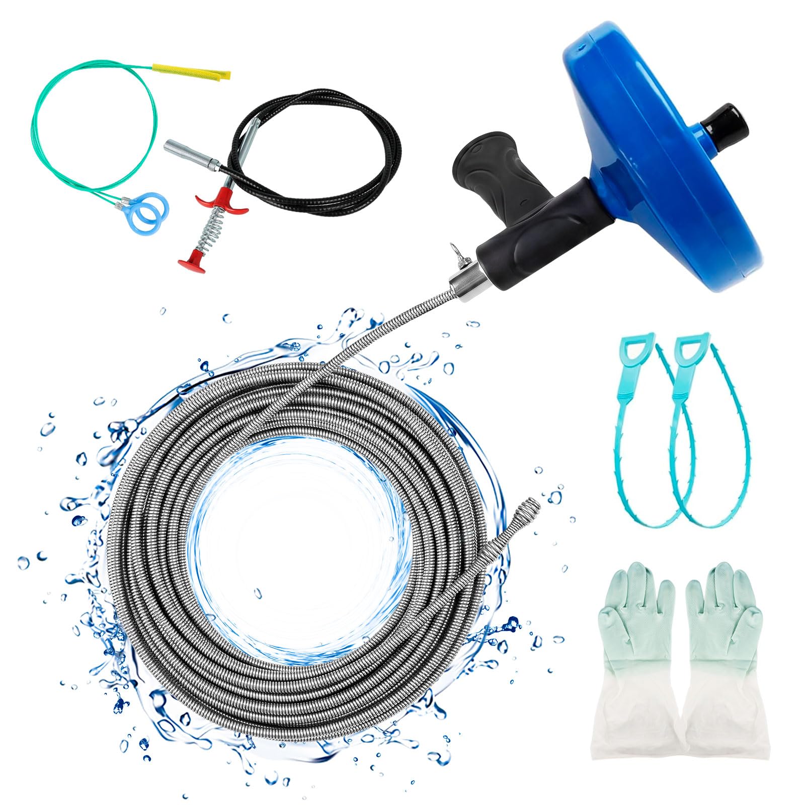 Barrena de drenaje de 33 pies, barrena de fontanería para obstrucciones, depilación en fregadero, bañera, inodoro, tubo extralargo con 1 herramienta de depilación, 2 cepillos de limpieza y 2