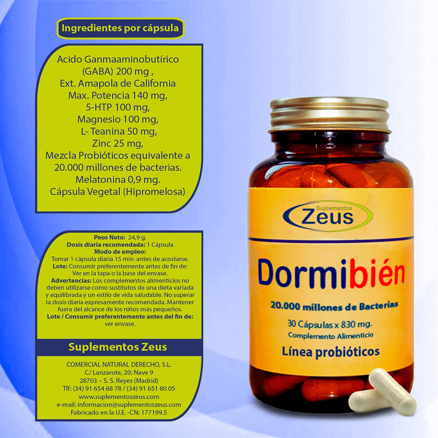 DORMIBIEN Contribuye a rebajar la actividad nerviosa del cerebro, aportando calma .C. Alimenticio a base de GABA, Plantas, Probióticos, L-Teanina, Minerales y Melatonina 100% Vegano 90 Cap Veg