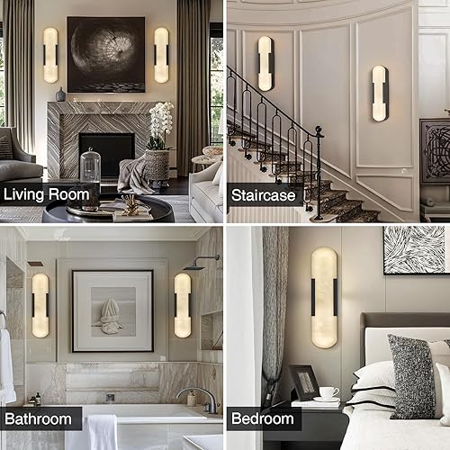 Miniatura 7 de Juego de 2 apliques de pared de alabastro, lámparas de tocador de interior de 19.7 pulgadas para baño, lámpara de pared negra mate perfecta para