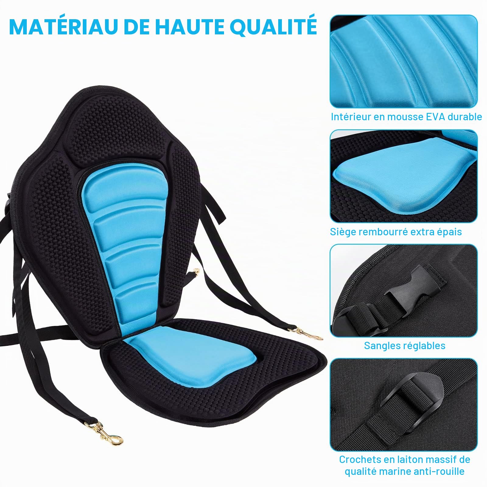 CAMULAND Siège de kayak, accessoires de kayak, siège de canoë avec support de dossier réglable siège universel, pour le kayak, la pêche et le rafting