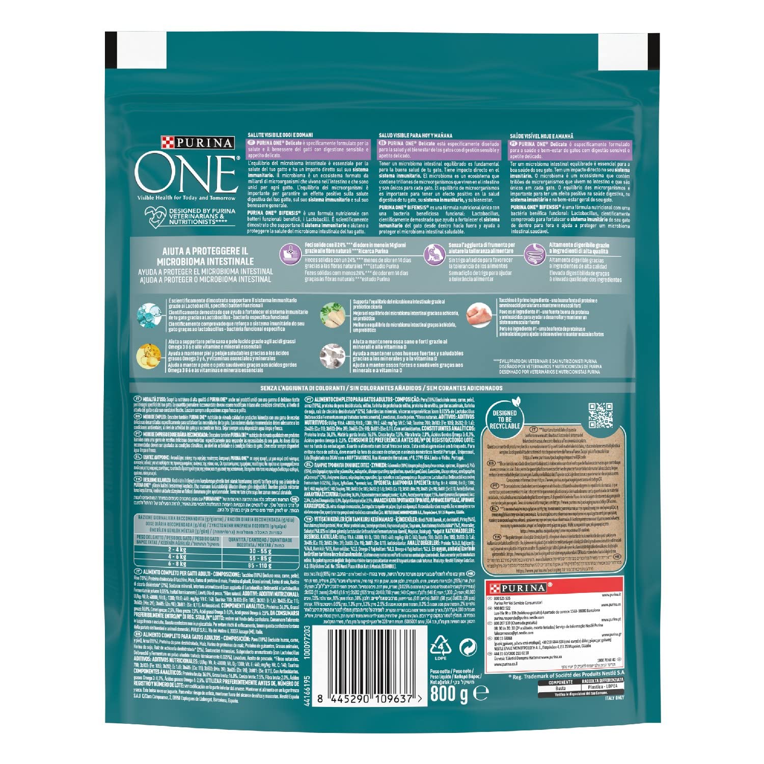 Purina One Bifensis Delicate Crocchette Gatti Tacchino, 8 Confezioni da 800g