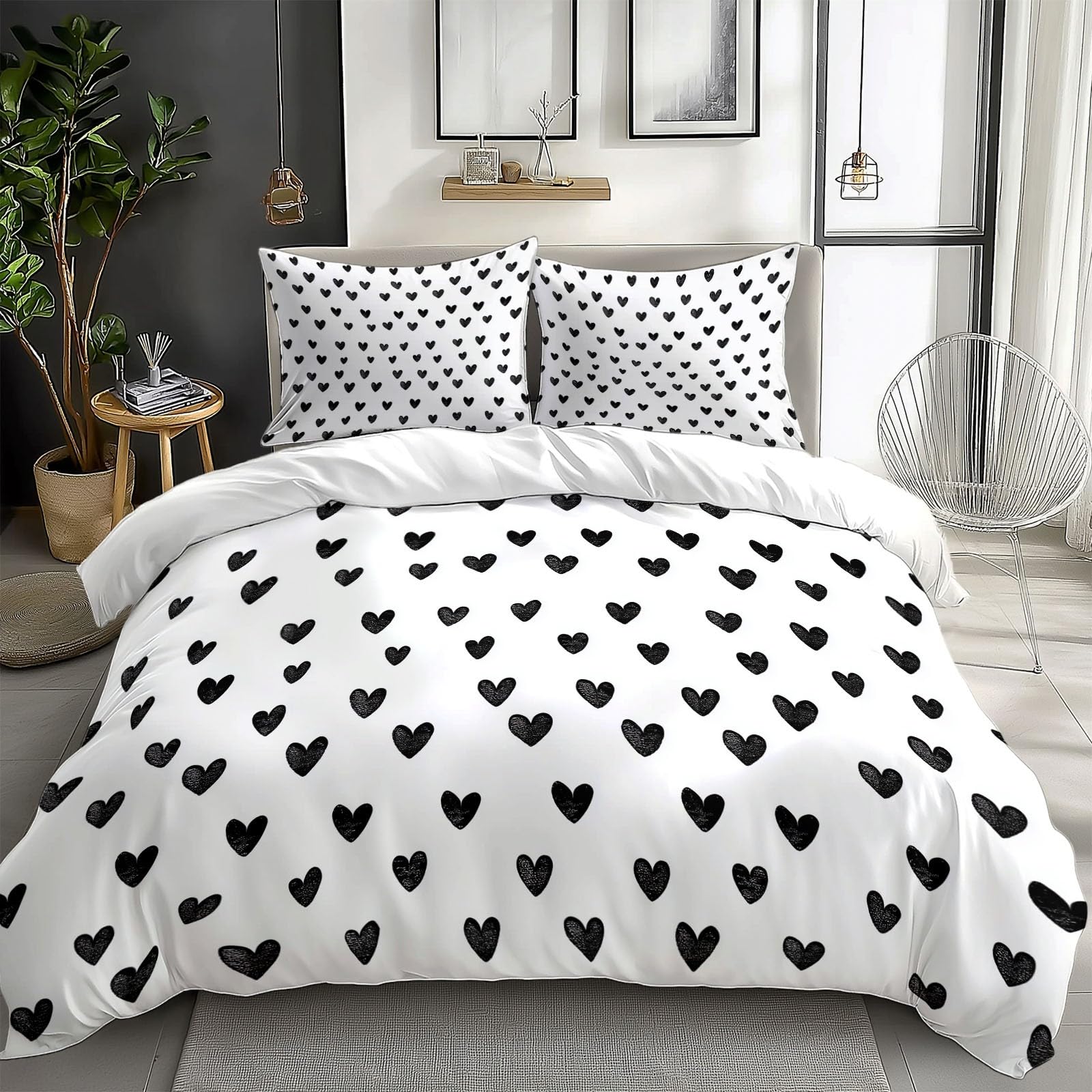 Single Duvet Cover Reversible Minimalist Heart Pattern Bedding for Girls Boys Duvet Covers with Pillowcase Soft Brushed Microfiber, Hypoallergenic, White Bedding Sets 135 x 200 cm