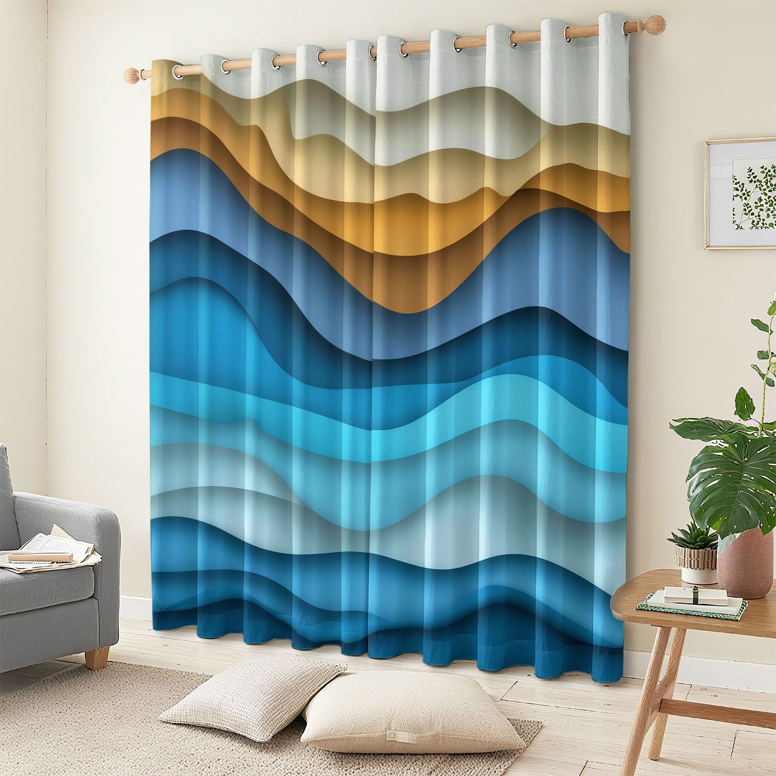 XCQHZYQ Blackout Curtains 72 inch Eyelet Geometry Waves Drapes for Living Room Bedroom Thermal Insulated Room Darkening Curtains 2 Panels Grommet Top W66 x L72 Inch