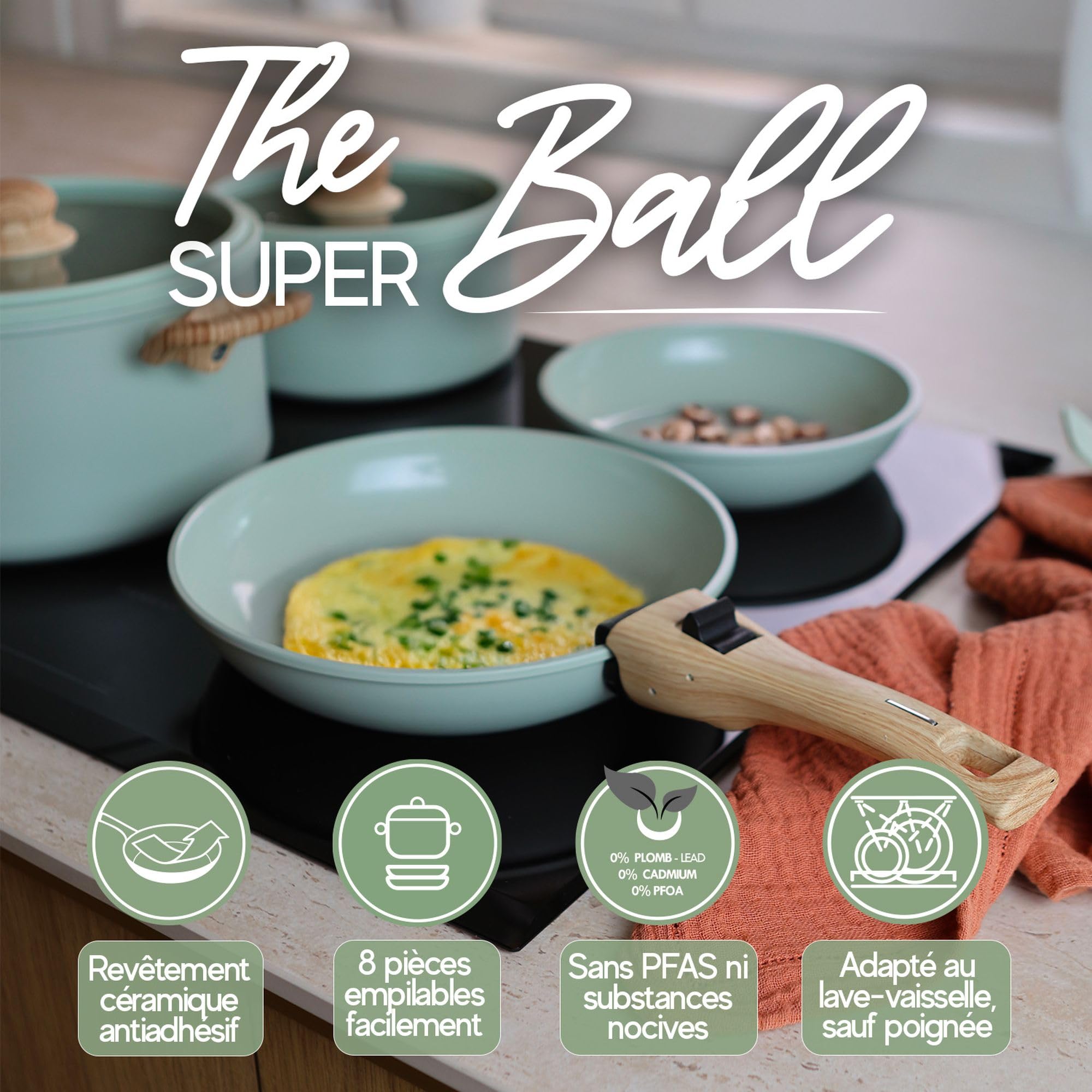 MENASTYL - Batterie de Cuisine Empilable - Gamme The Super Ball - 98% d'Aluminium Recyclé - Compact - Revêtement Céramique Antiadhésif - Tous Feux dont Induction - Couleur Rose - 8 Pièces
