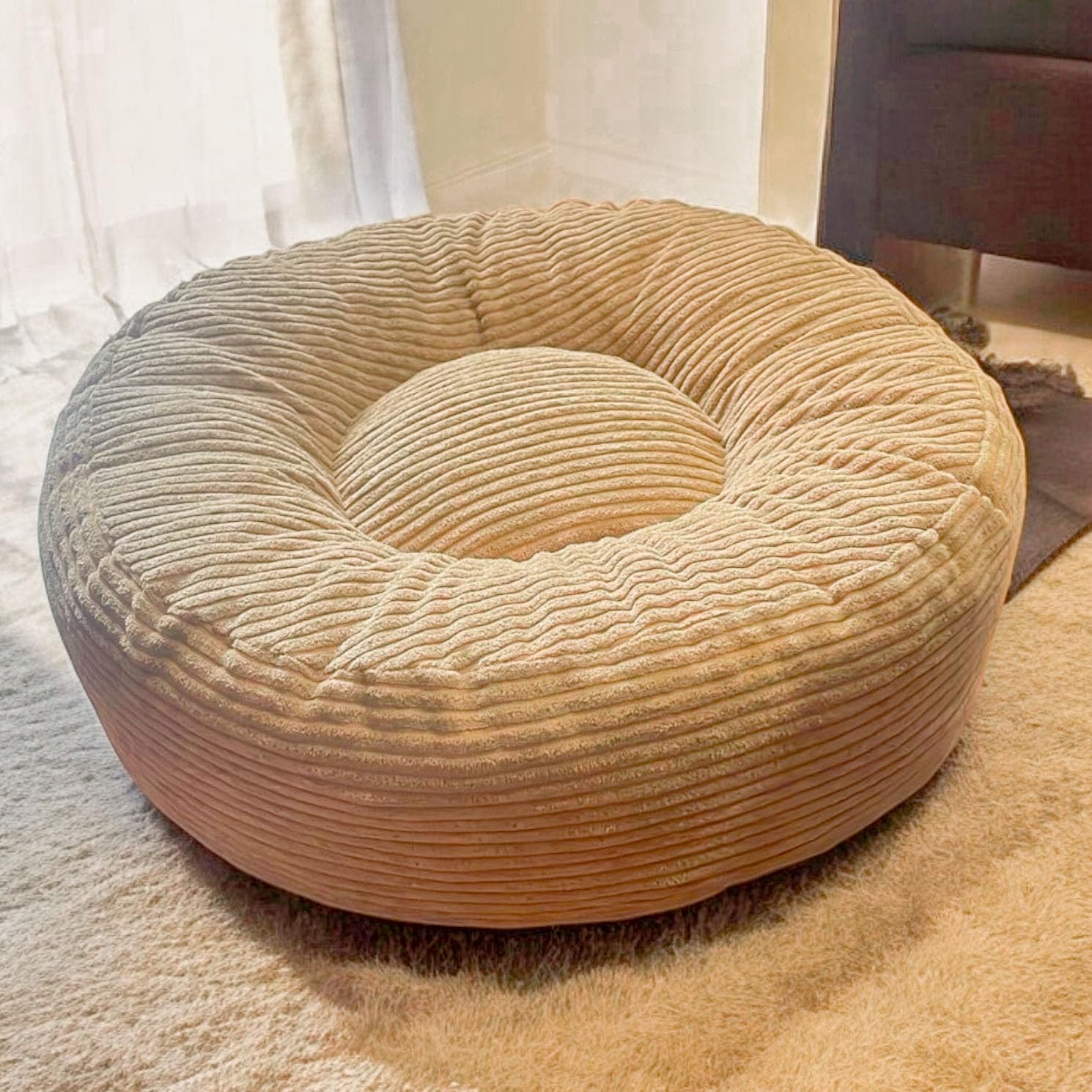 EDEL&SCHNELL orthopädisches Hundebett handgefertigt rund in der Farbe Sand mit robuster Cord Oberfläche, Whippet Greyhound Galgo Hundebett waschbar, 125 cm Durchmesser