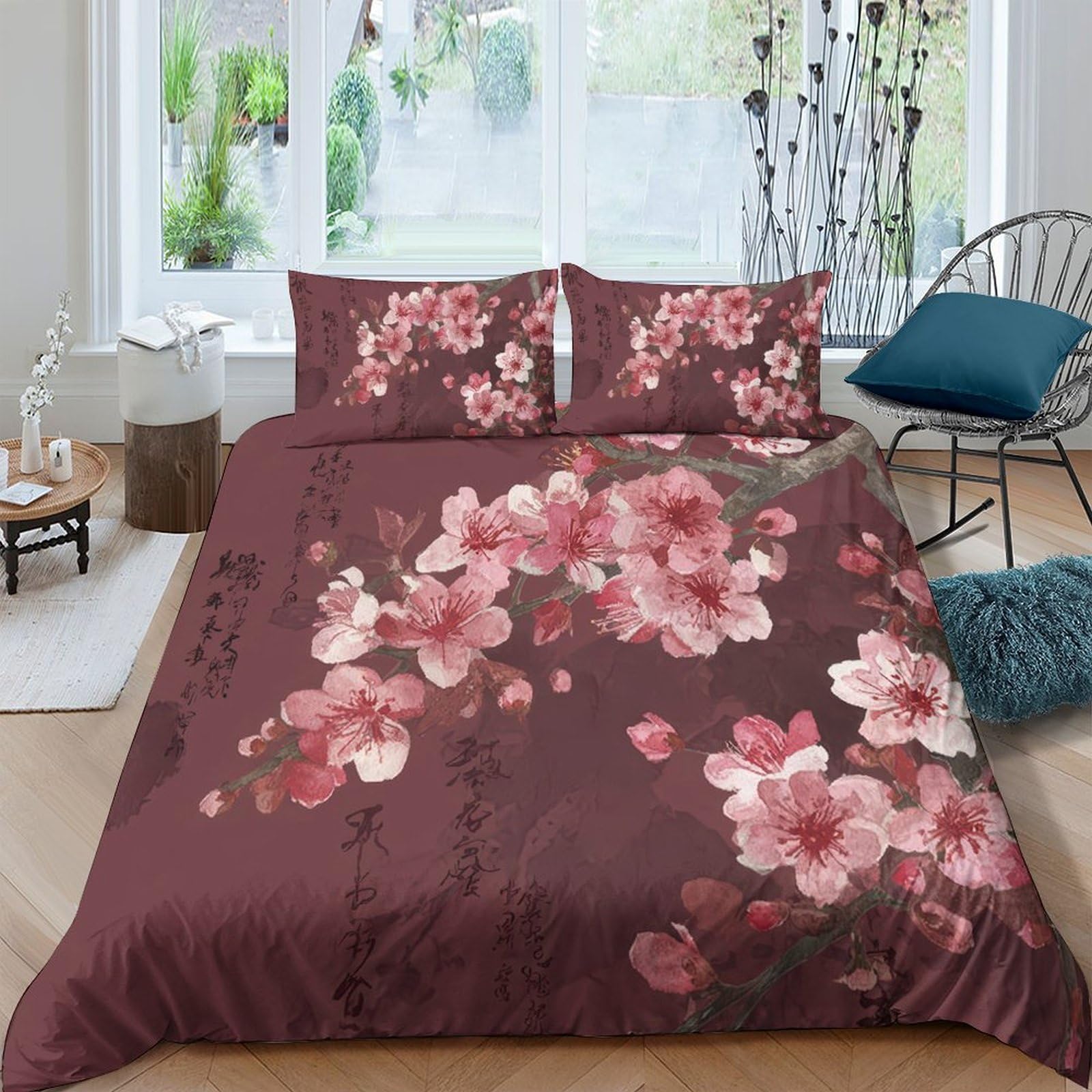 P5V6M1Q9 3D Printed Sakura Blossom Duvet Cover Microfiber Soft Breathable Plum Flower Bedding Set with 2 Pillowcases for Bedroom Decor Single（135x200cm）