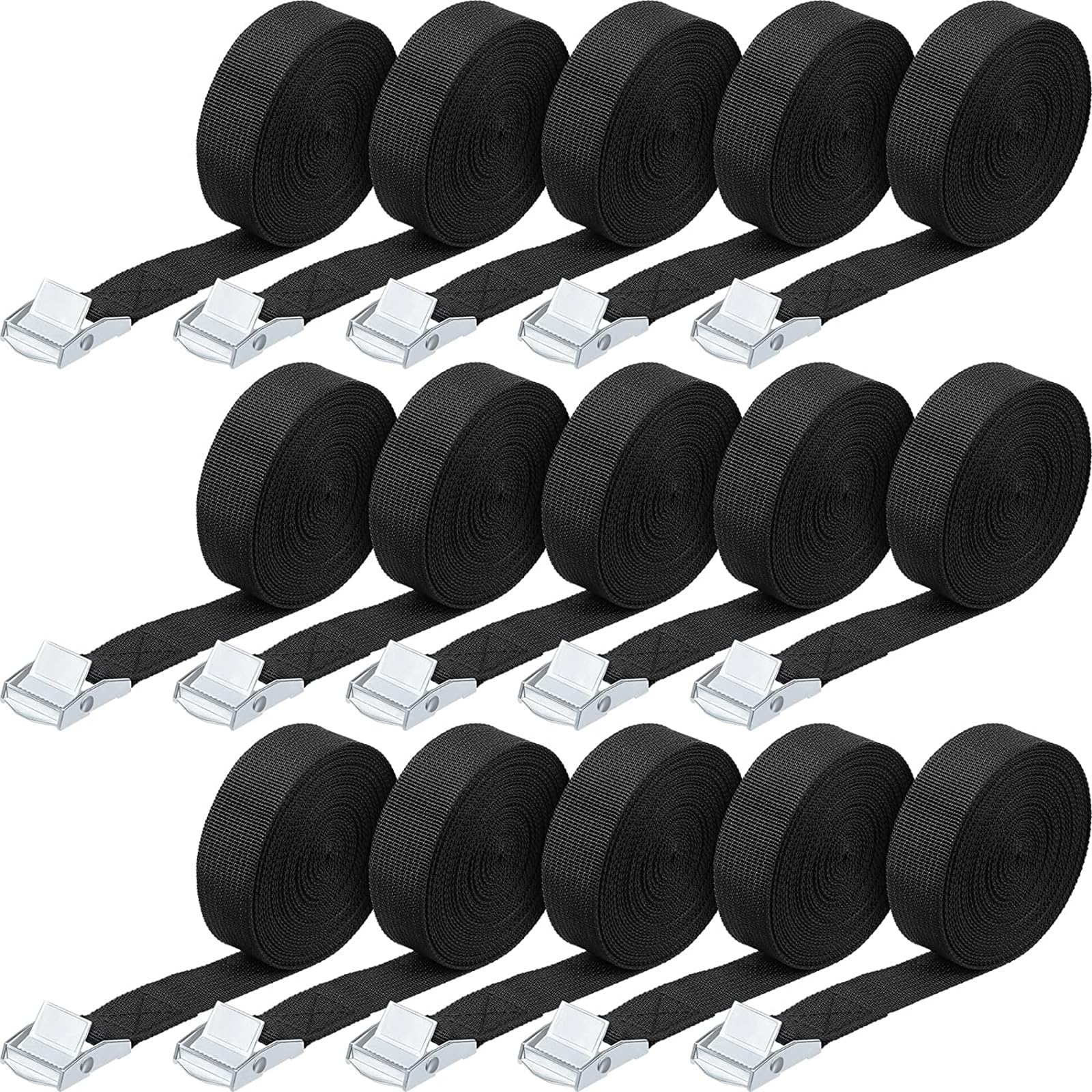 JAFFIUST Lashing Straps with Buckles Adjustable Cam Buckle Tie Down Cinch Strap for Packing Black 15 Pcs (0.75'' x 196'')