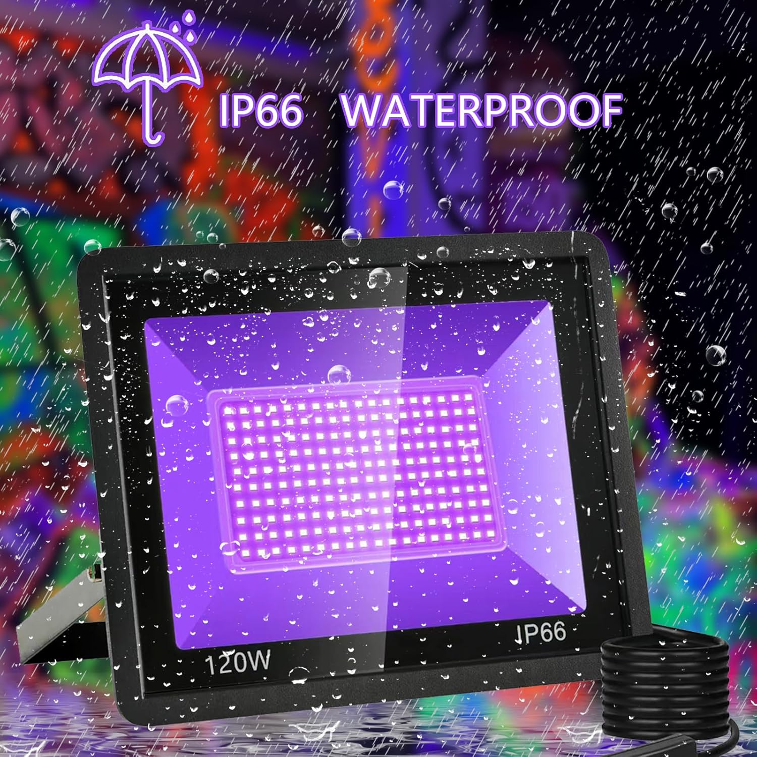 2pack 120W LED Black Light, IP66 Waterproof, Black floodlight with Plug, Suitable for Halloween Aquariums, Body Paint, Fluorescent Posters, neon Lights, Dance Parties, Stage Lighting