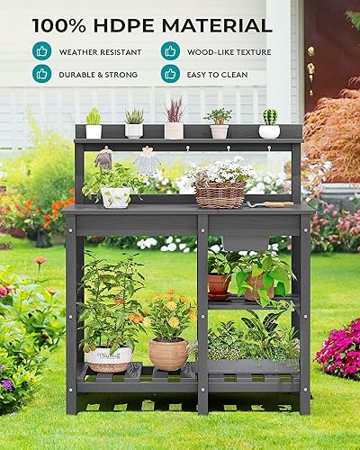 Miniatura 6 de SERWALL Banco de macetas para exteriores con fregadero extraíble, mesa para macetas de polietileno de alta densidad resistente a la putrefacción