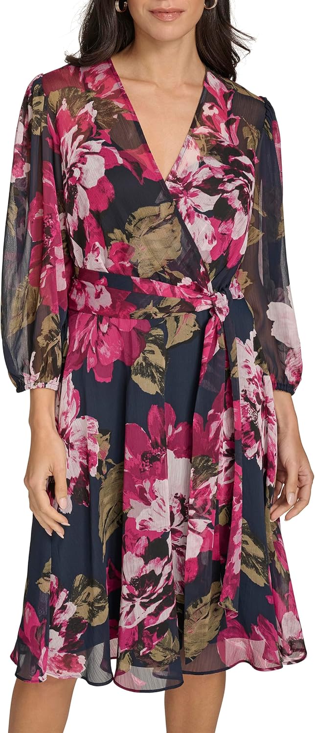 Calvin Klein Womens 3/4 Balloon Sleeve V-Neck Knee Length Faux Wrap Dress - Image 2