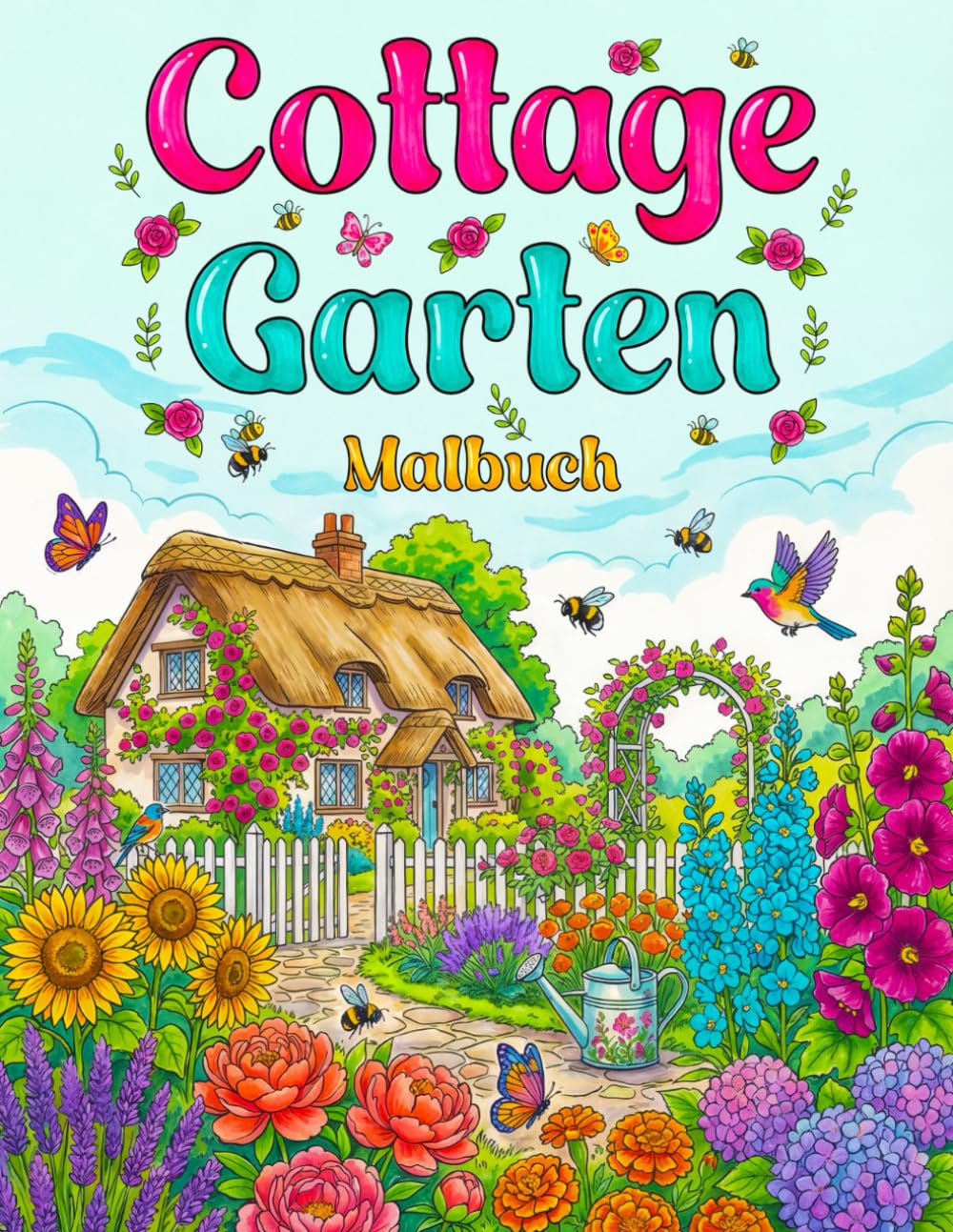 Cottage Garten Malbuch: Englischer Cottage Garden zum Ausmalen – romantische Gartenmotive, Häuschen & Blumen für Erwachsene