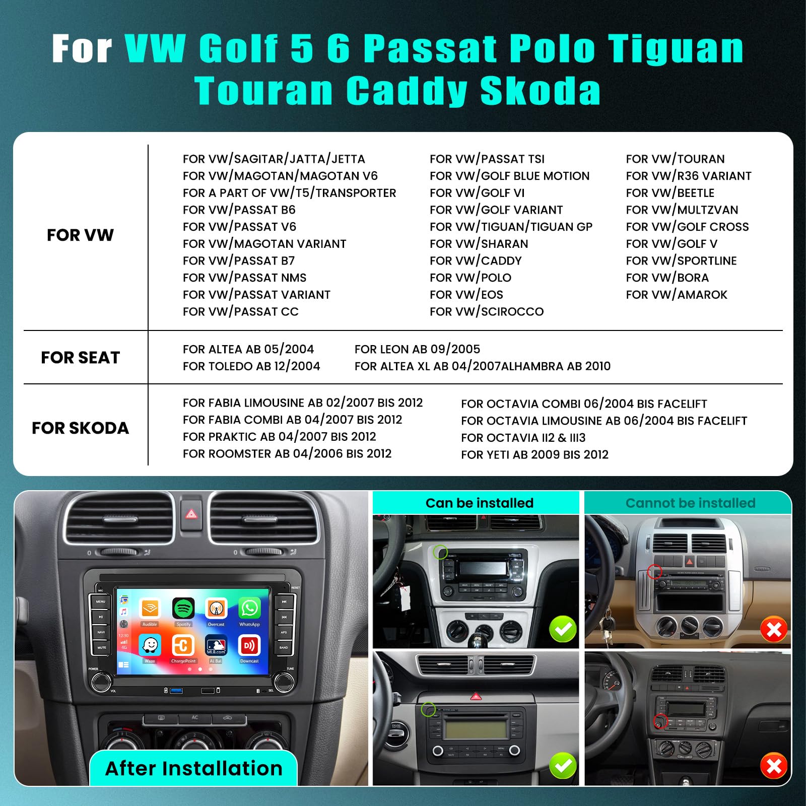 2+64G 7" Autoradio pour VW T5 Golf 5 6 Polo Sharan Seat Passat Tiguän | IPS Écran Tactile Wireless Carplay Autoradio 2 DIN GPS Navi Bluetooth WiFi FM/RDS Caméra de Recul DSP 2+64G