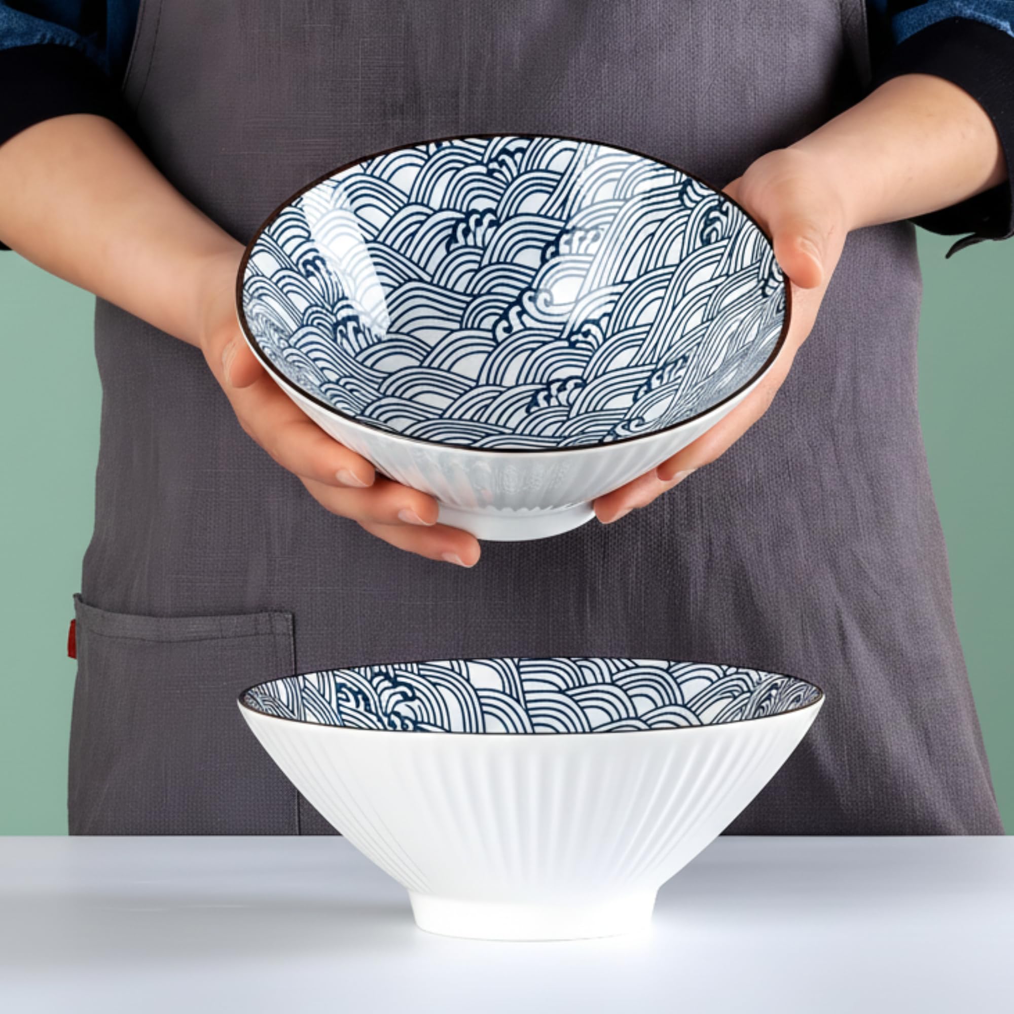 OLWICK Japanese-Style Ceramic Bowls, 2-Piece Set, Handcrafted Blue Pattern, Microwave & Dishwasher Safe, Perfect for Rice, Soup, Snacks & Desserts (Waves) discount deal