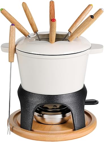 BIRDROCK HOME Juego de 16 ollas de fondue de hierro fundido para chocolate, queso, carne, olla de cerámica, 8 tenedores de fondue, quemador de