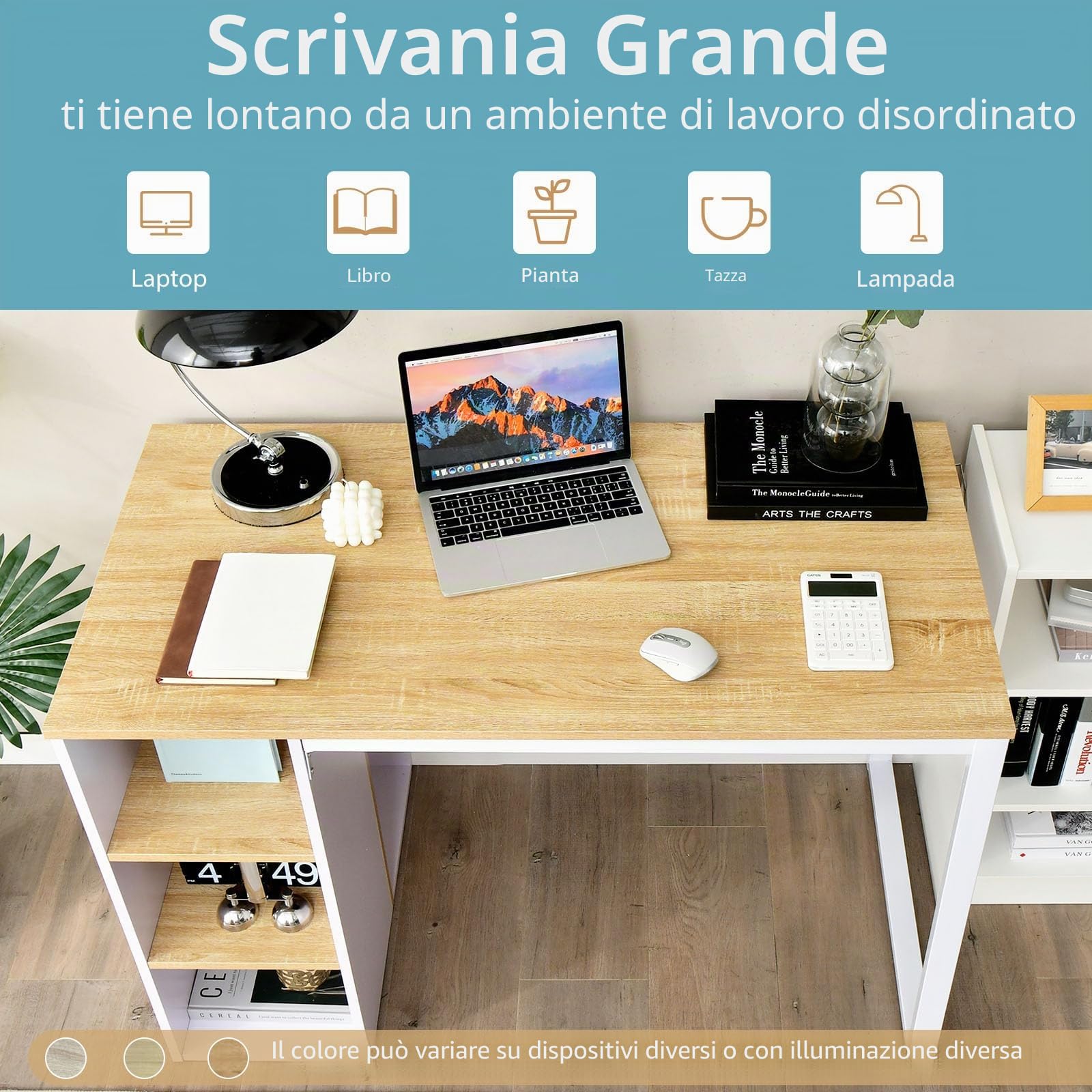 LIFEZEAL Scrivania Salvaspazio, Bianco, Scrivania Ufficio Porta Computer, PC, con 5 Scomparti Aperti, Postazione di Studio, Tavolo di Lavoro, Desk, in Legno, Metallo, Max 115kg, 115x59,5x75cm