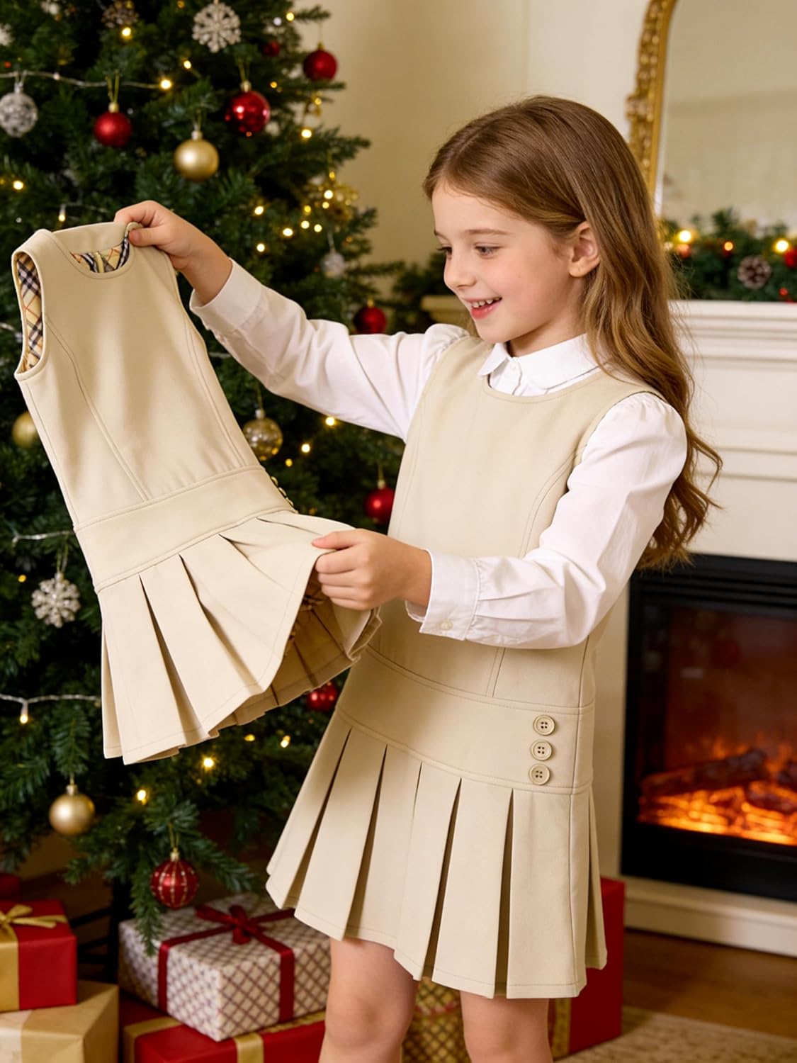 Bienzoe Girls School Uniform Jumper: Stretch Pleated Durable Kids Knee Length Sleeveless Dress - Image 5