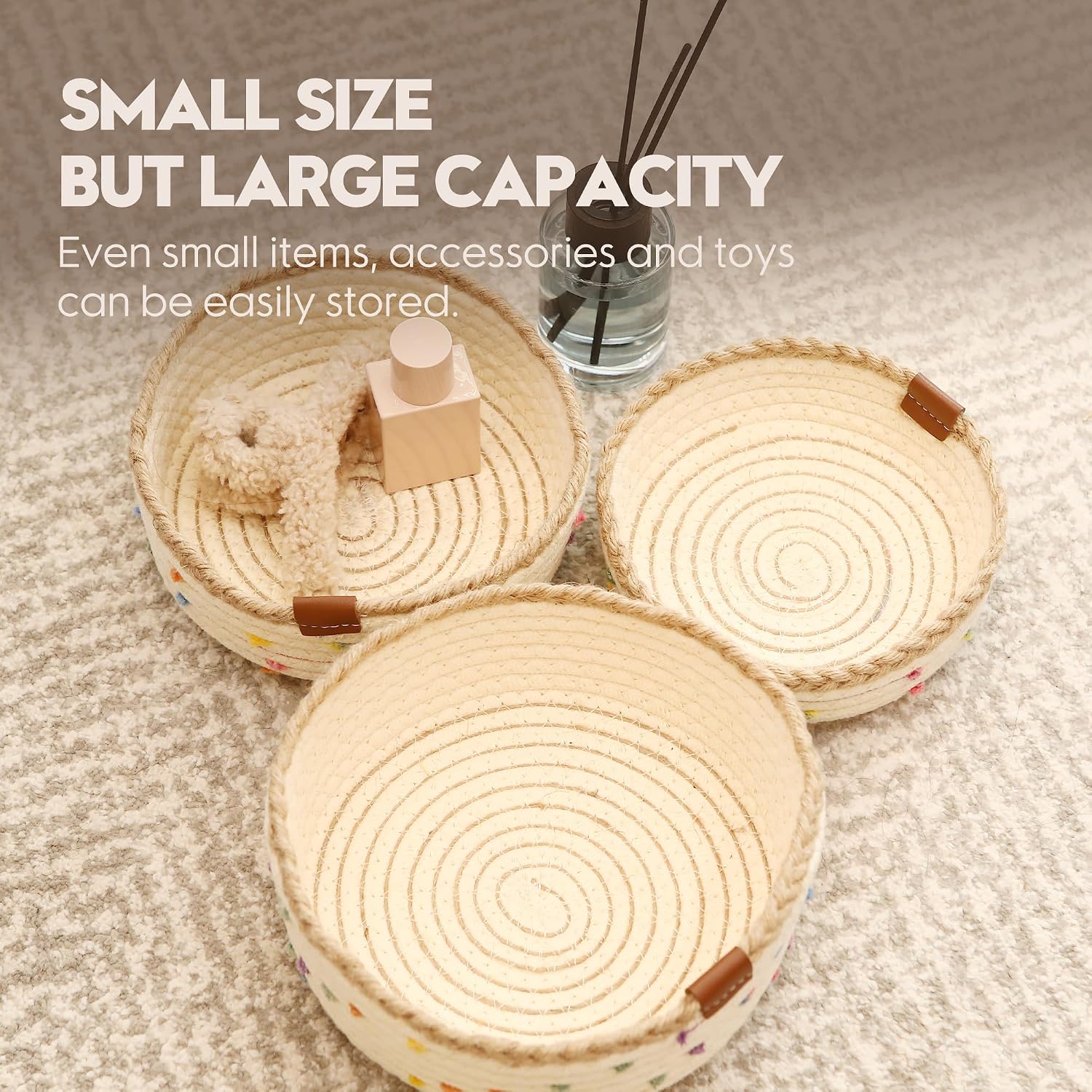 Sea Team 3-Pack Compact Nesting Woven Cotton Rope Storage Baskets, Rainbow | Knitted Decorative Organizer Bins with Jute Braided Edge, Portable Round Containers for Small Items, Keys, Makeup, Trinkets