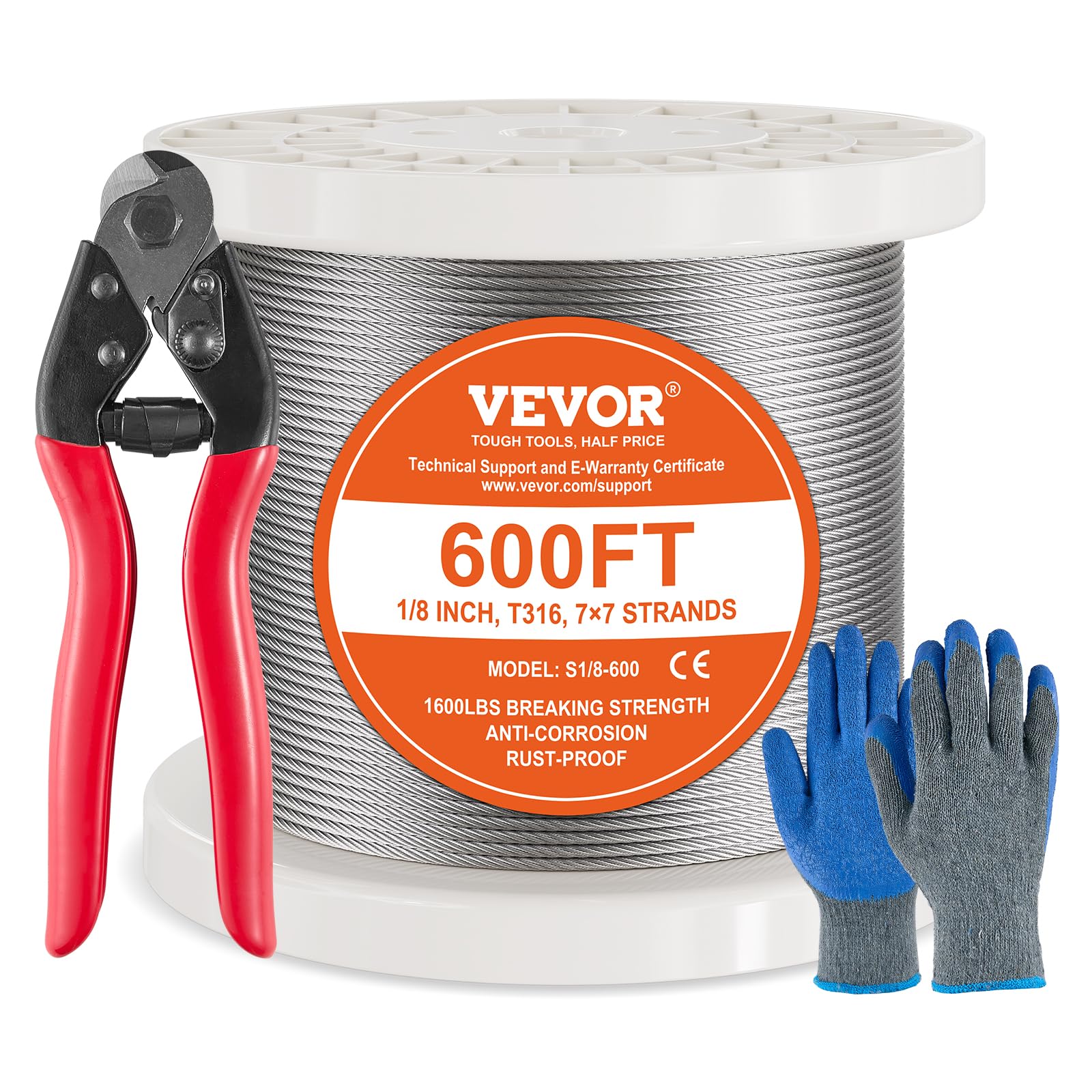 VEVOR 1/8 Stainless Steel Cable Railing Kit, 600 FT 316 Marine Aircraft Cable With Cutter and Gloves, 1600 lbs Breaking Strength, 7x7 Strands for