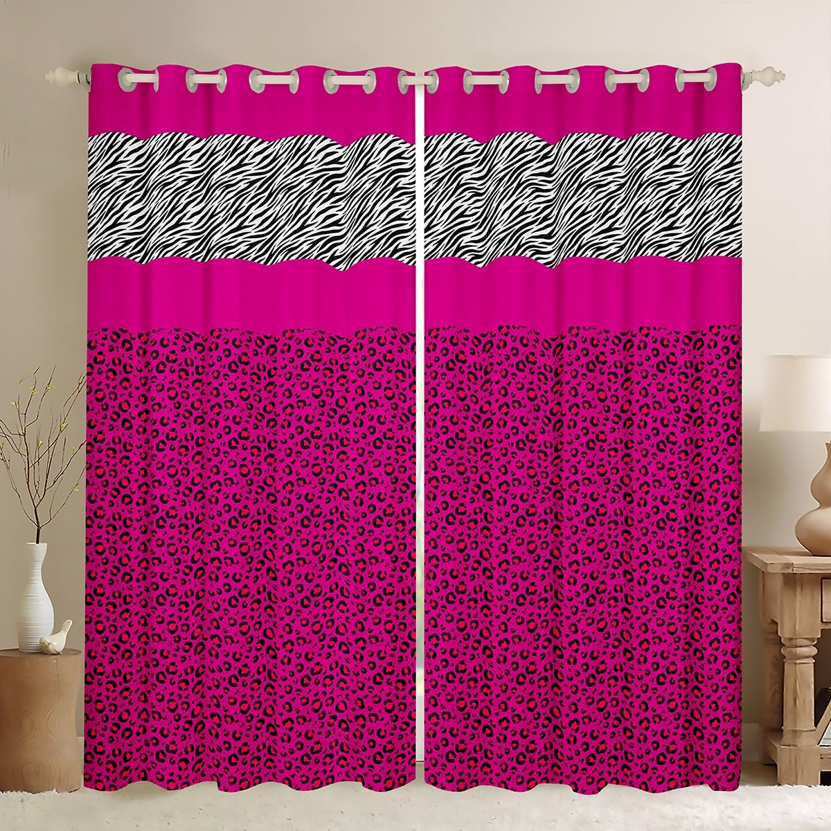 Rideaux léopard rose noir et blanc 106x213 cm pour chambre enfant Manfei