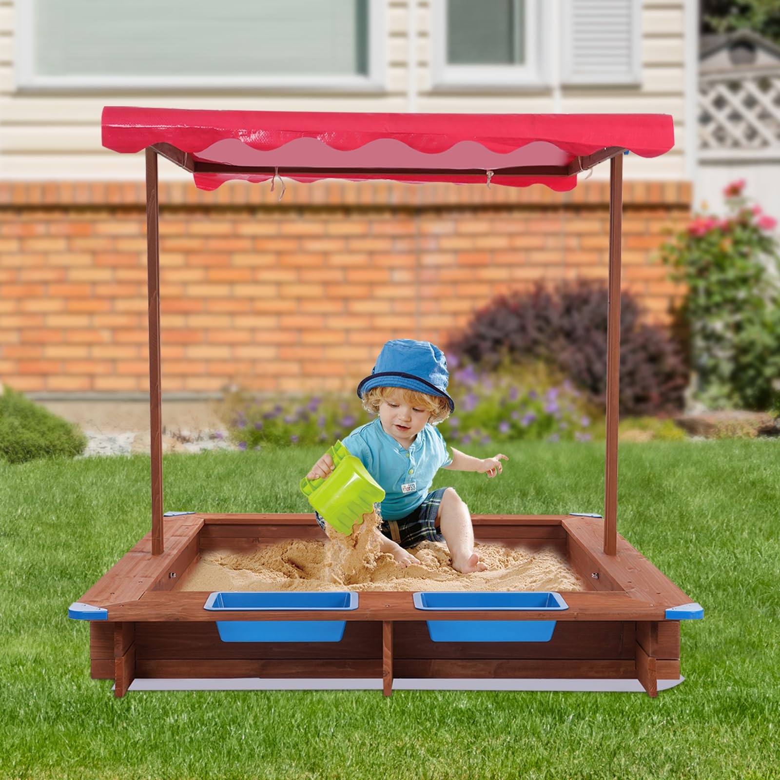 Sandkasten mit Dach Sitzbank und Boden Vlies-Folie, Sandkiste mit Plane, Kinder-Sandkasten Outdoor, Matschküche Kinder Outdoor, Spielzeug ab 3 Jahre, Die Beste Wahl für Kindergeschenke (Rot)