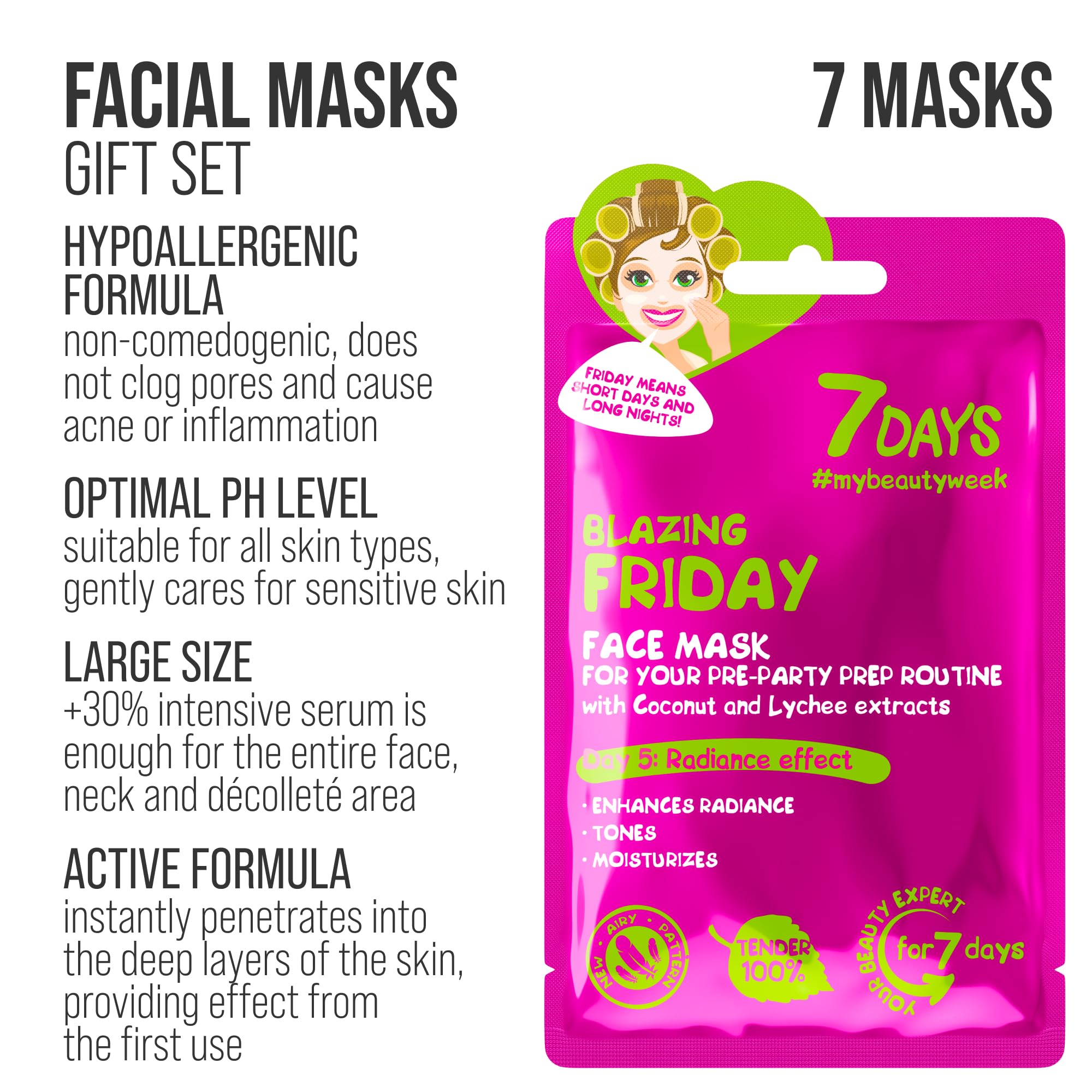 7Days Coffret Cadeau De Soins Pour Le Visage Avec Masques en Feuille - Ensemble De Masques En Tissu Hydratants, Nourrissants Coffret Cadeau Beauté Avec Masque Visage Pour Femmes 7 Pz