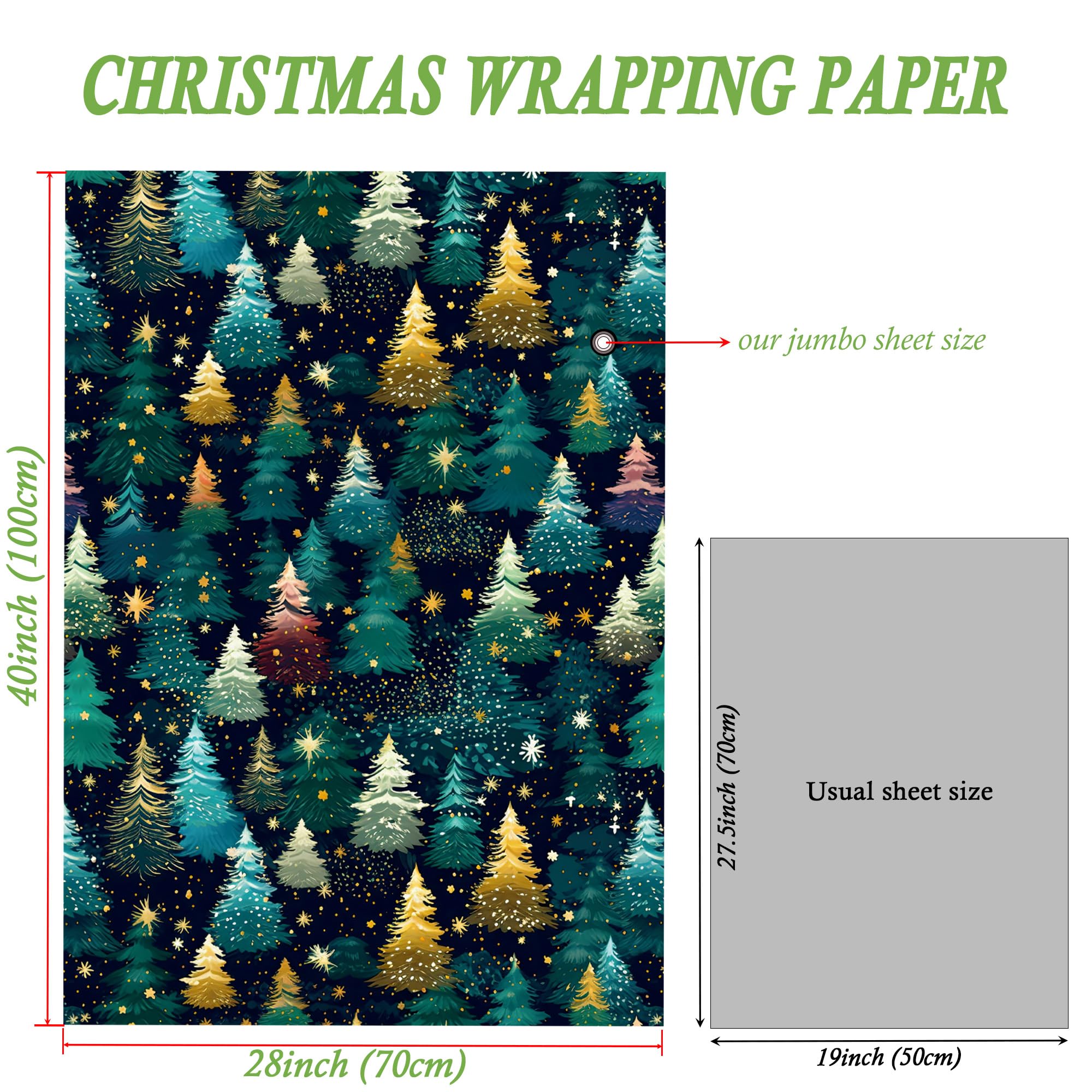 SaringSwoon Papel de regalo de árbol de Navidad para niños y adultos, papel de regalo de Navidad con cielo nocturno estrellado, diseños de árboles de Navidad y estrellas para vacaciones de invierno,