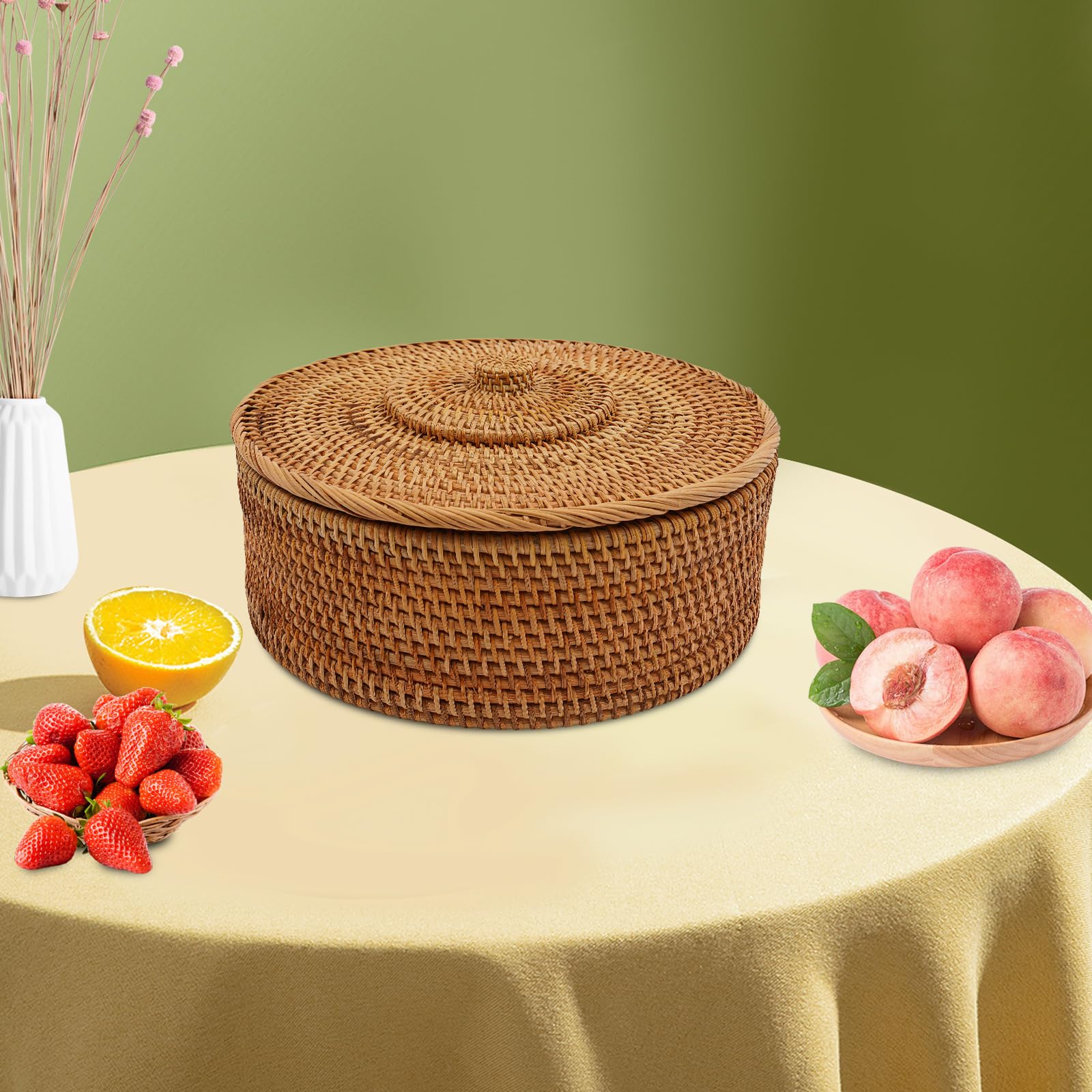 Cesto in rattan naturale con coperchio, contenitore rotondo in rattan con coperchio, 30 x 13 cm, realizzato a mano, cestello intrecciato, per frutta, pane, caramelle