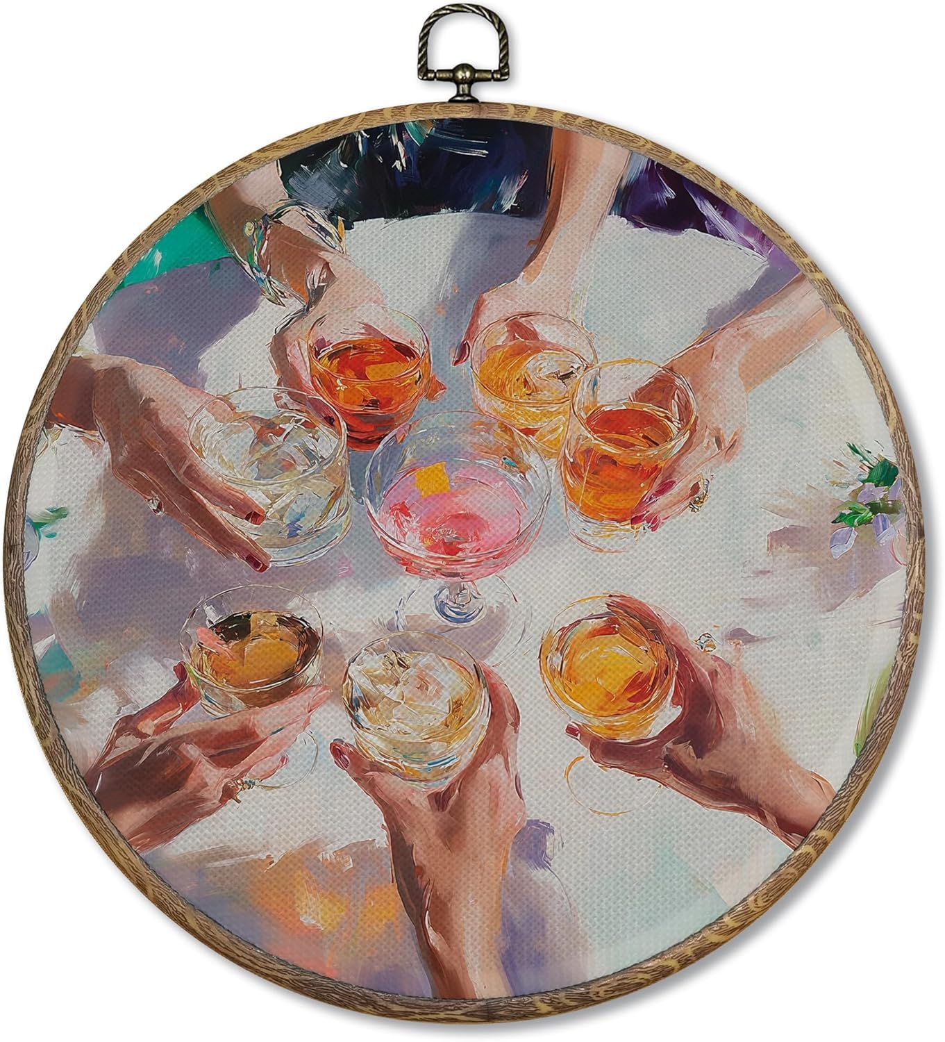 Bonbeau Vintage Cheers Round Wall Art Decor Framed, Trendy Bar Canvas Artwork Prints, Retro Cocktail Wine Cheers Wall Hanging Decorations for Home Bar Kitchen Dining Room 26cm Framed