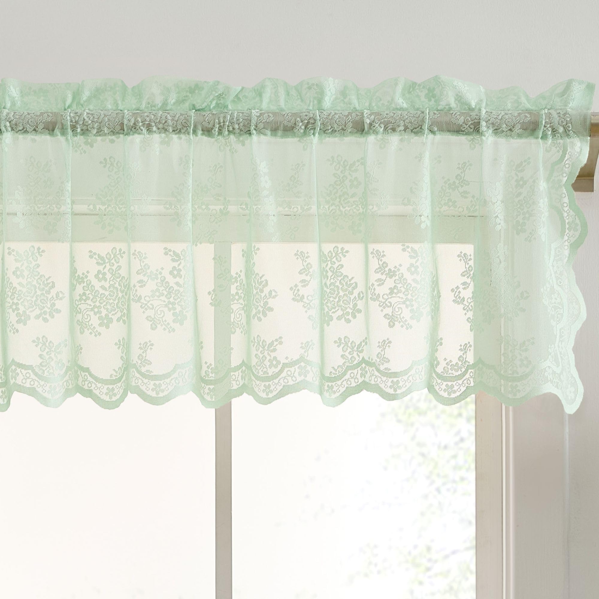 HLC.ME Jolene Floral Rod Pocket Lace Semi Sheer Voile Short Valance for Small Windows & Bathroom - 54 x 18 Inch Long (Seafoam Green Valance)