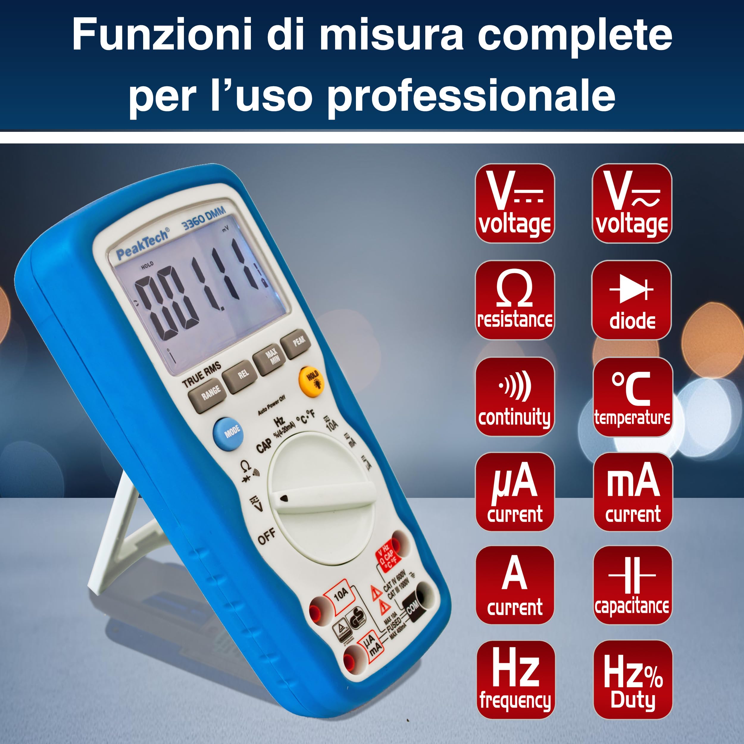 Peaktech P 3360 – Multimetro Digitale True Rms, Impermeabile, 40000 Conteggi, Tascabile Professionale, Tüv/Gs, Autorange, Misurazione della Corrente, Voltmetro, Tester di Continuità - Cat Iii 1000 V