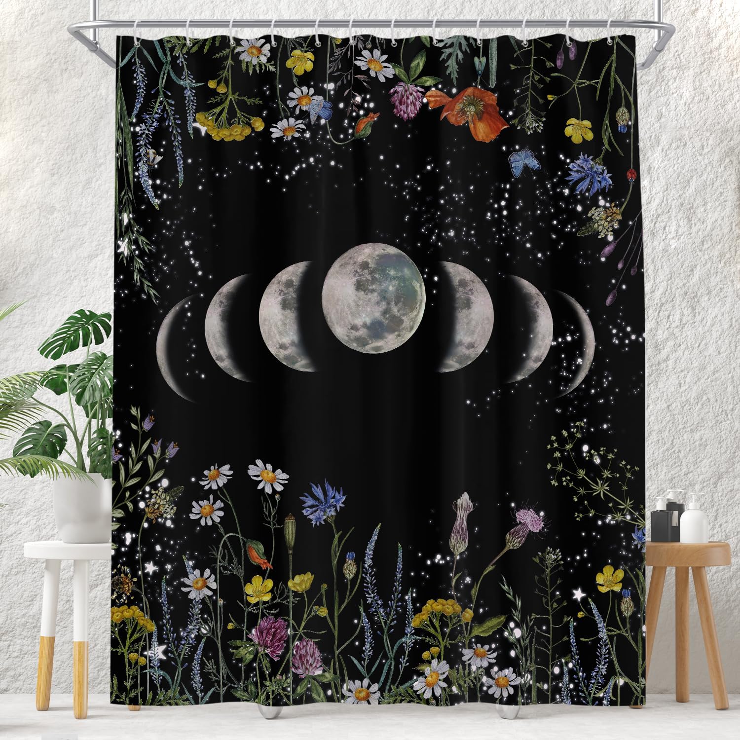 EOVDSFW Black Gothic Shower Curtain for Bathroom Set Extra Long Moon Goth Floral Flower Celestial Witchy Bath 72 x 84 Inch Decorative Polyester Fabric