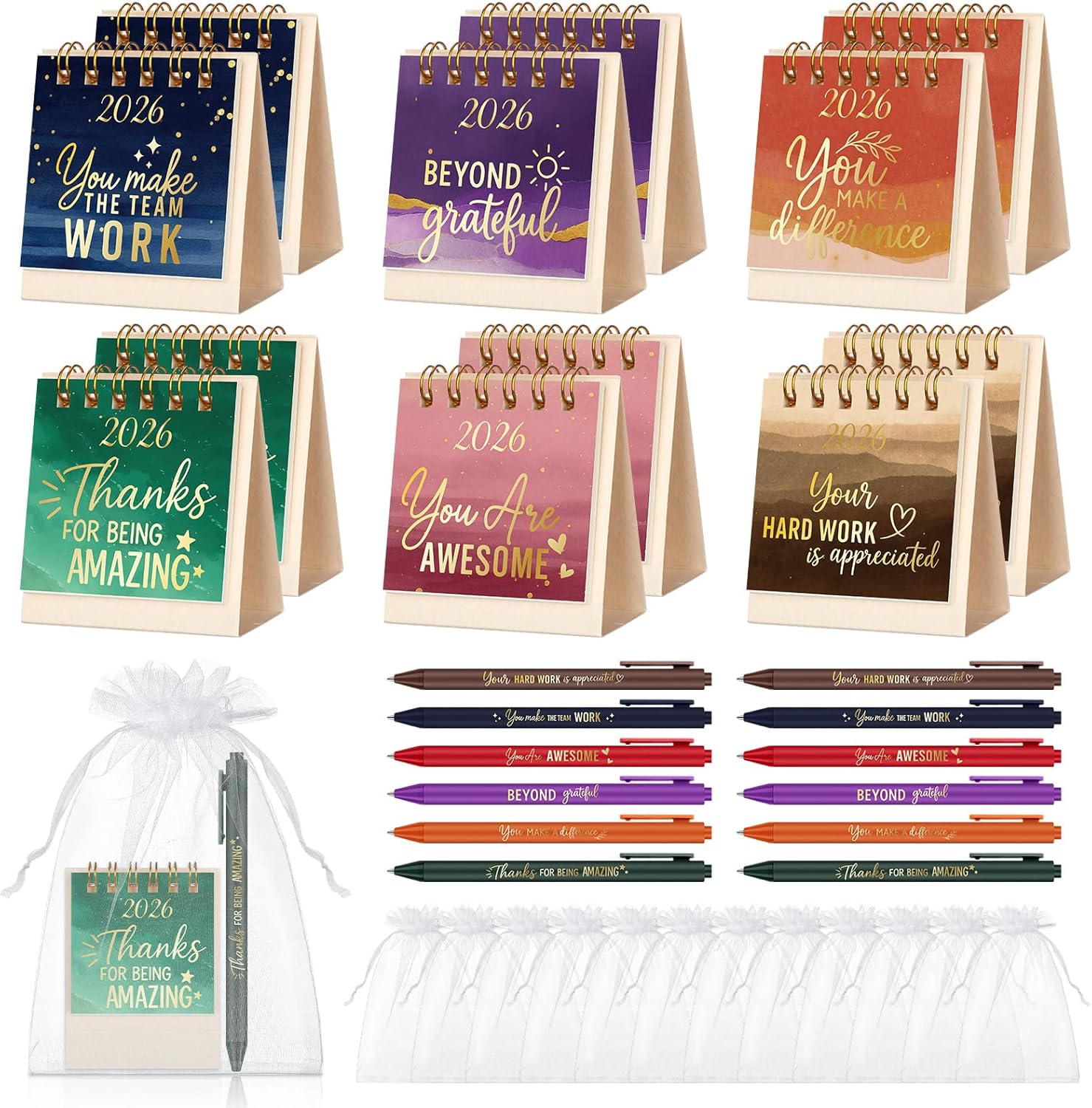 ReliThick 12 Sets 2026 Mini Desk Calendar Gifts Bulk Christmas Employee Appreciation Gifts Small Calendar with Pens Drawstring Bags Present for Coworkers Team Friends Family(Stylish Style)