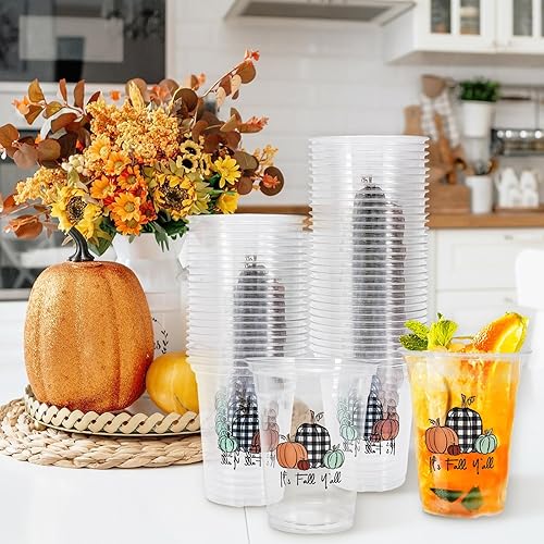 Miniatura 7 de Whaline 50 vasos desechables de otoño de 12 onzas con diseño de calabaza a cuadros negros y blancos, vasos de plástico transparente para otoño,
