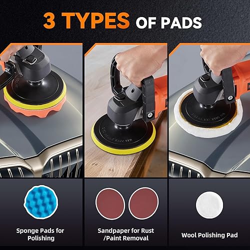 Miniatura 7 de Pulidora de búfer, 1600 W, 7 pulgadas6 pulgadas, cera pulidora rotativa, 8 velocidades variables de 500 a 3600 RPM, máquina pulidora de mango