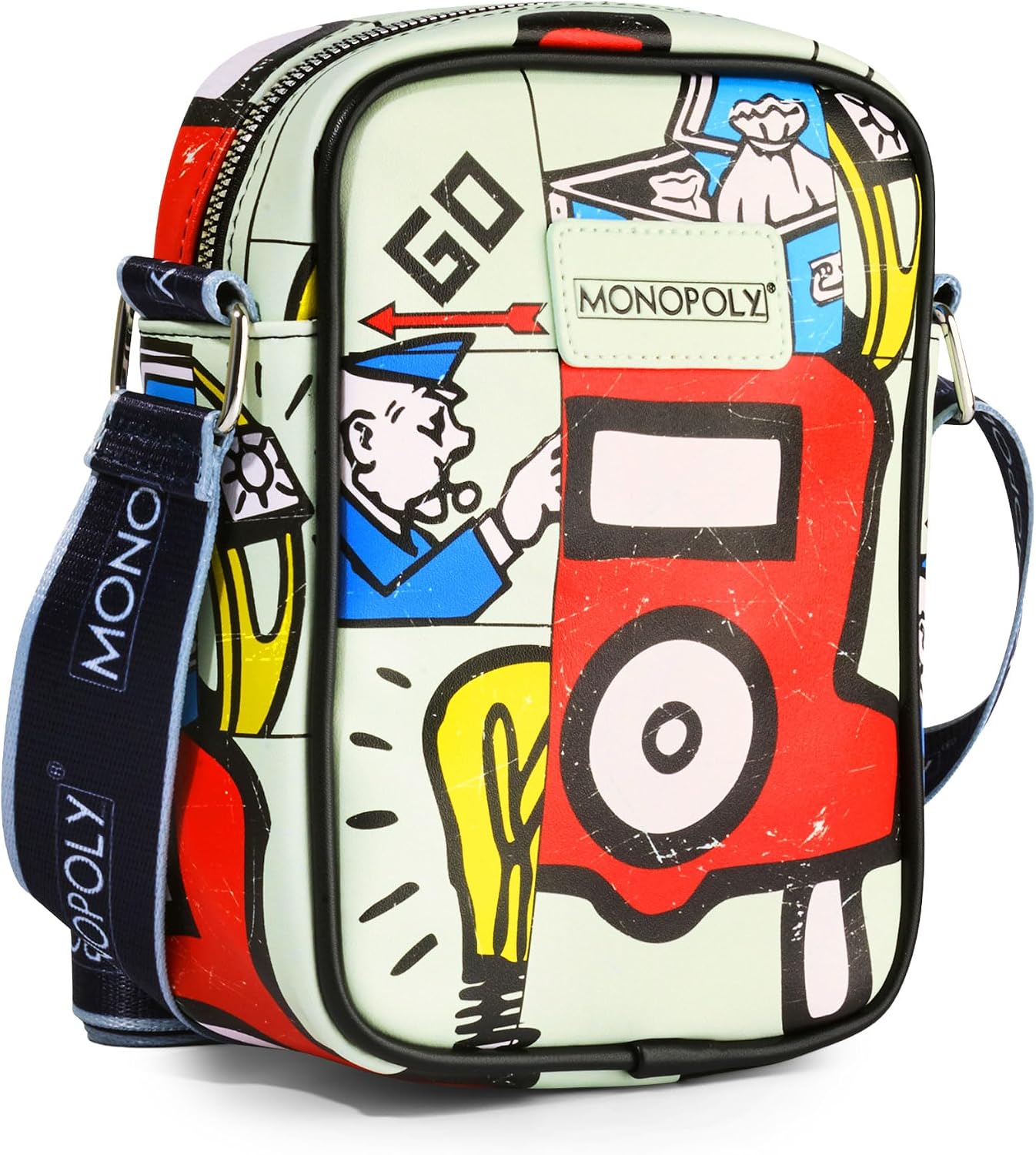 Monopoly Vegan Leather Crossbody Bag with Adjustable Strap, Monopoly In The Game Board Icons Stacked
