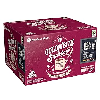 Members Mark Colombian Supremo Coffee 100 single-serve cups. A1L8