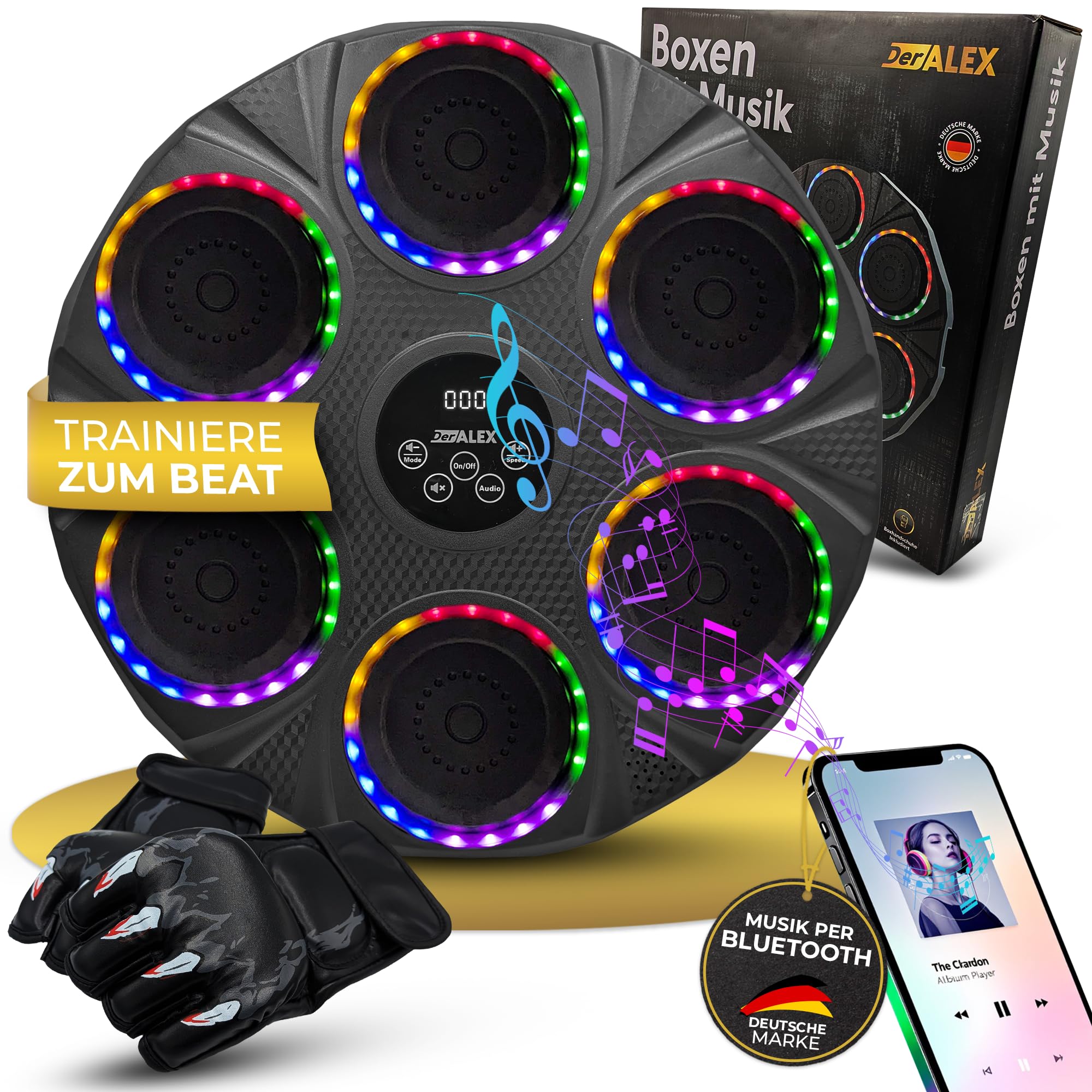 DerALEX - Dispositivo di boxe interattivo con musica e indicatore LED – Allenamento elettronico di boxe per riflessi, fitness e coordinazione – Allenamento basato sul ritmo per la casa e la palestra
