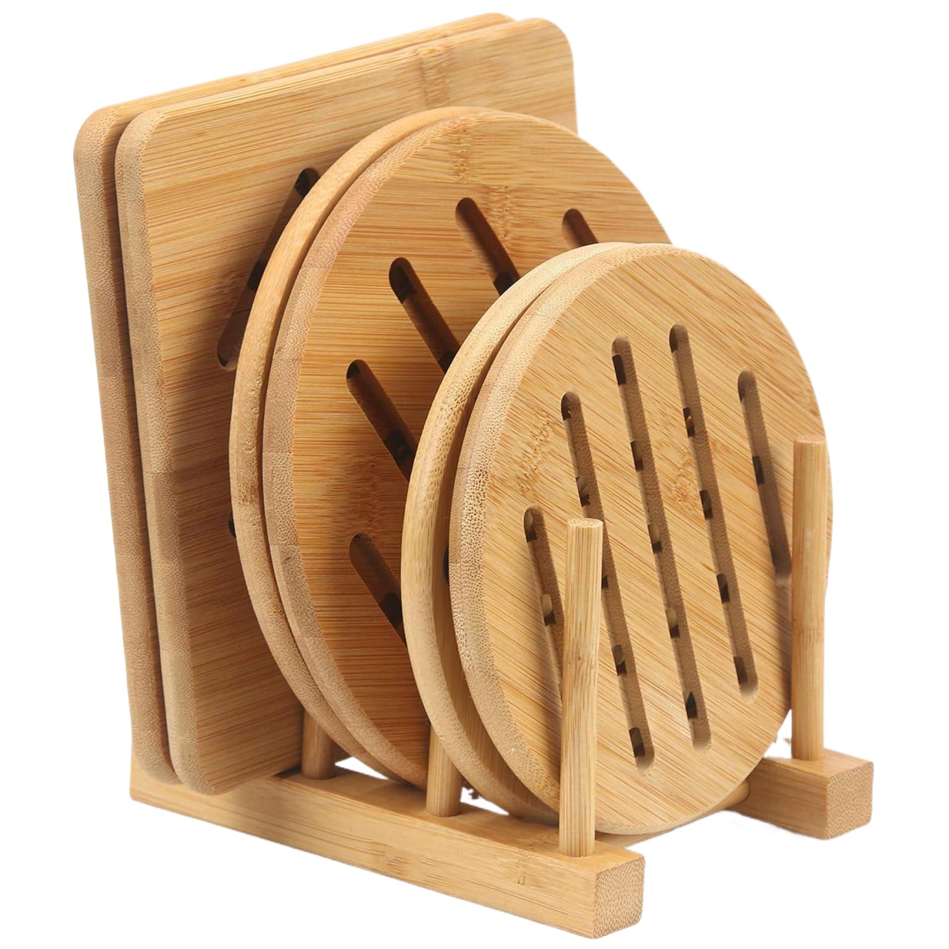 Fkngcp Style1 6Pcs Bamboo Trivet With Dish Rack, Heat Resistant Non-Slip Wooden Trivets, Square And Round Pads Kitchen Organizer For Hot Dishes/Pot/Bowl/Teapot/Pansbamboo Trivet